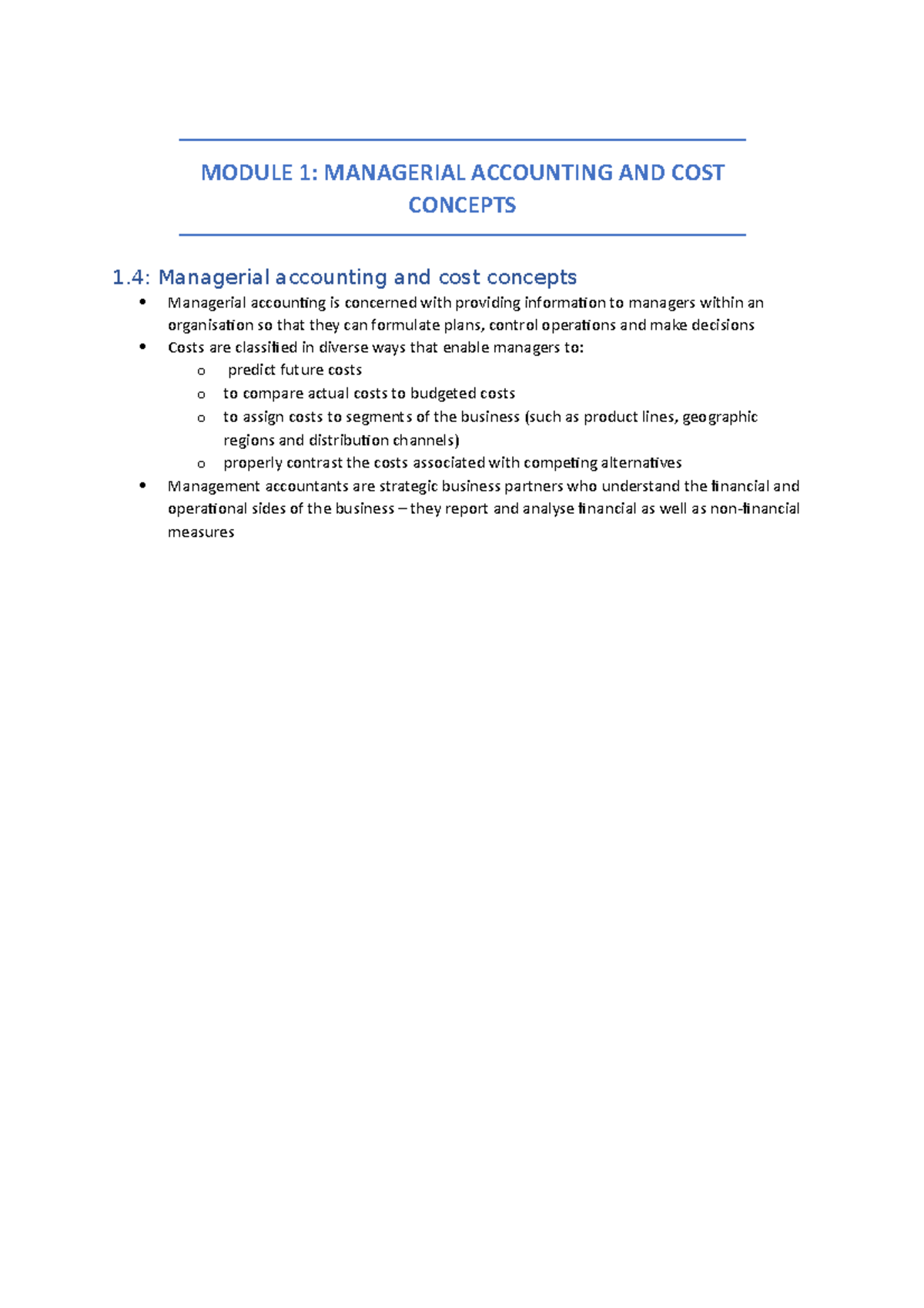 Module 1 - Lectr - MODULE 1: MANAGERIAL ACCOUNTING AND COST CONCEPTS 1 ...