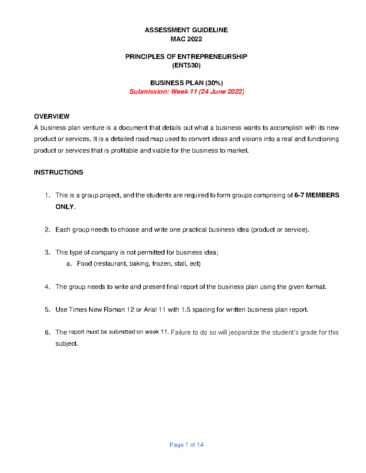 ENT530 Guideline AND Template Business PLAN (30%) - ASSESSMENT ...