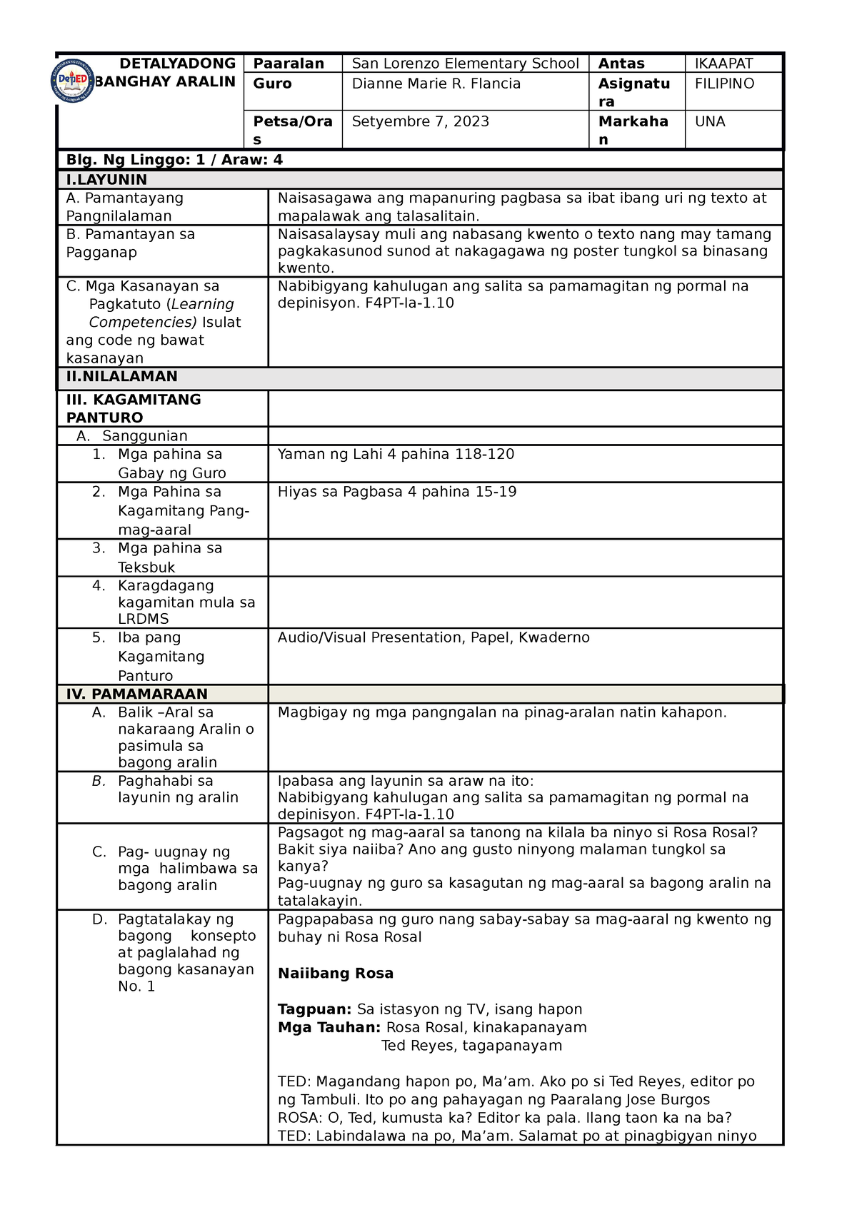 DLP-FIL-Q1-WK 1-2 - DLP - DETALYADONG BANGHAY ARALIN Paaralan San ...