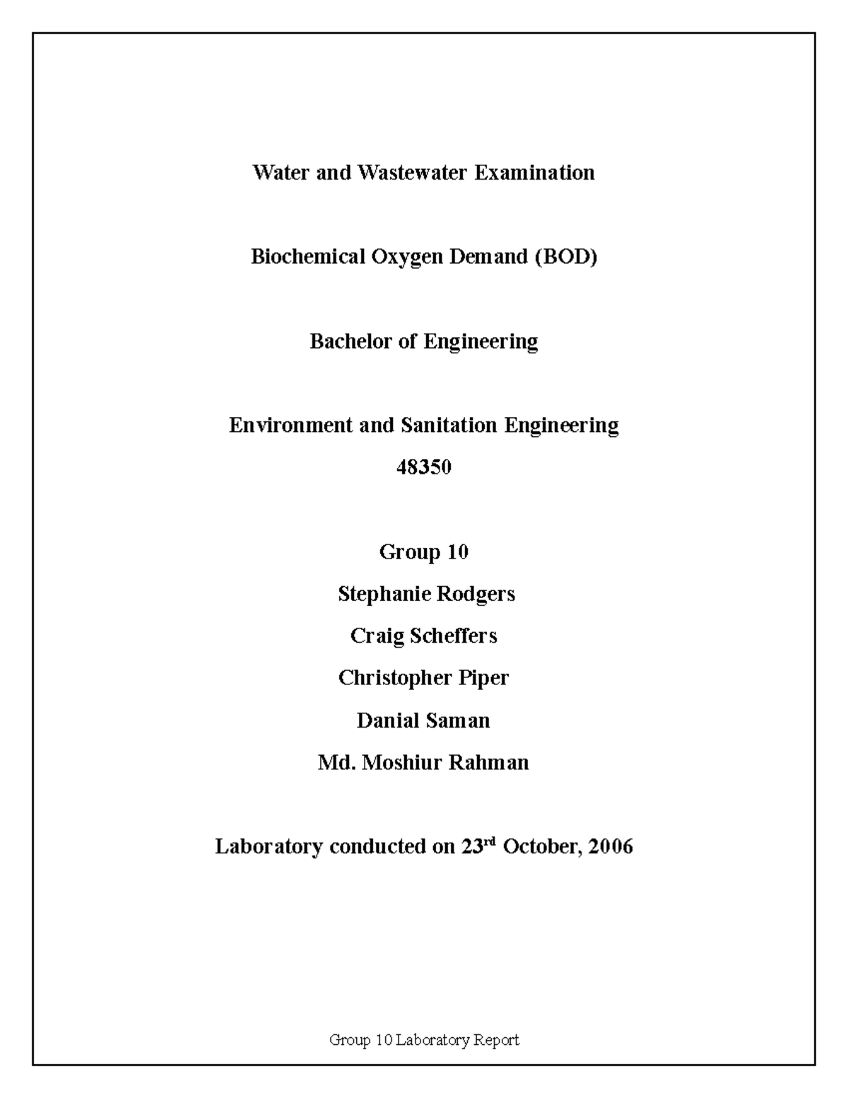 Lab Report 2 : Biochemical Oxygen Demand (BOD) - Water And Wastewater ...