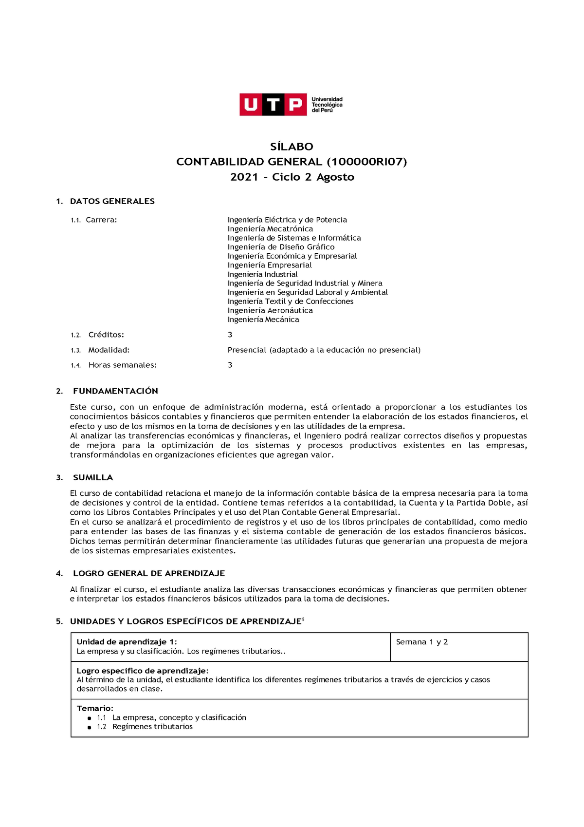 Contabilidad General Utp SÍlabo Contabilidad General 100000ri07 2021 Ciclo 2 Agosto 1 6791