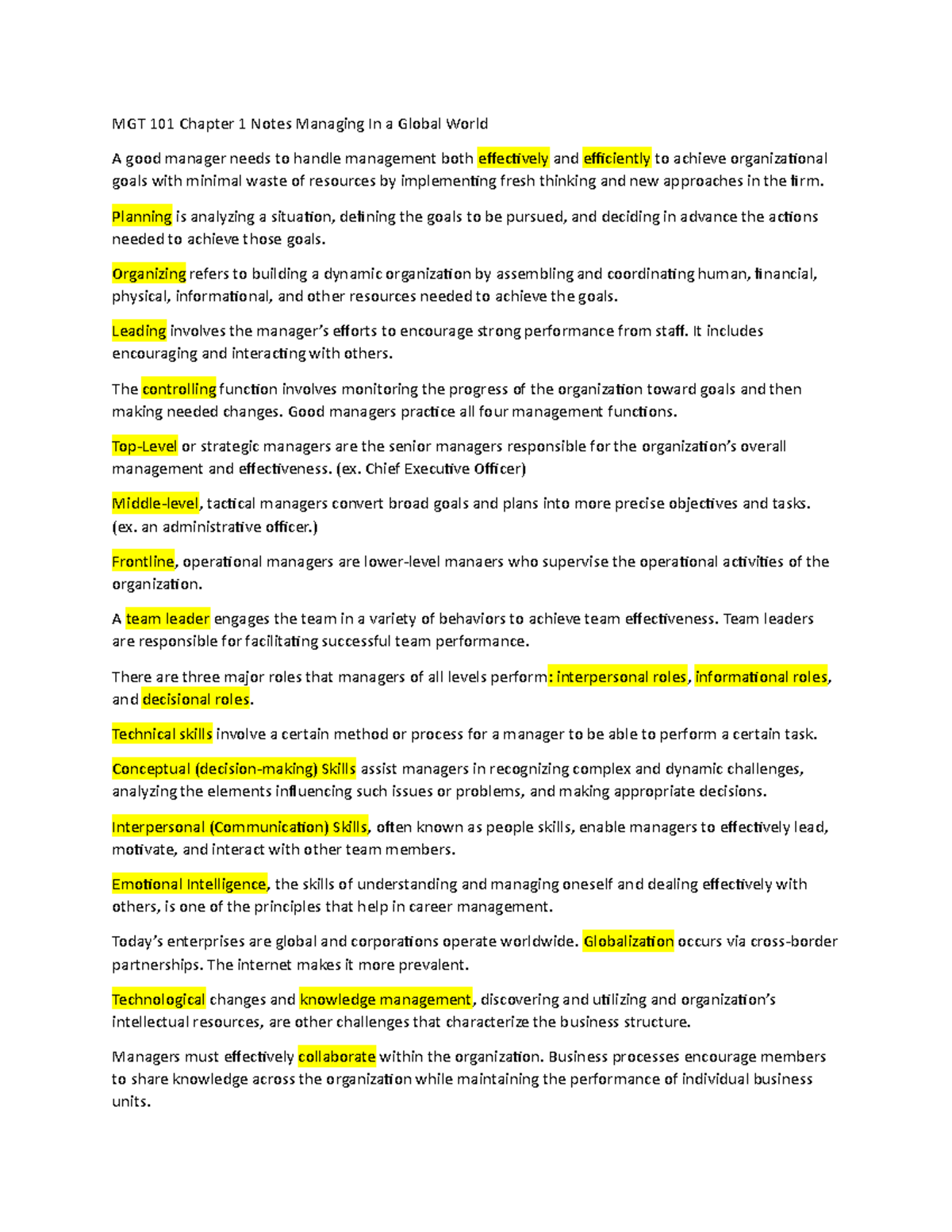 Chapter 1 Vocab Key Points - MGT 101 Chapter 1 Notes Managing In a ...