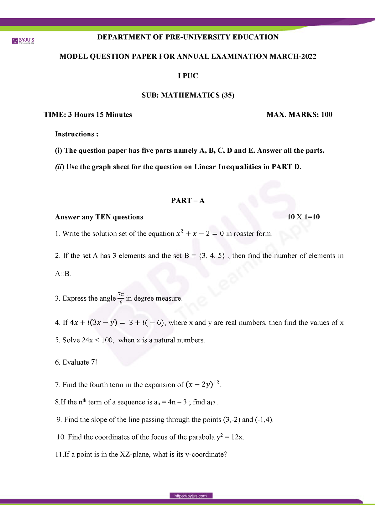 Kseeb i puc maths model paper 2022 - DEPARTMENT OF PRE-UNIVERSITY ...