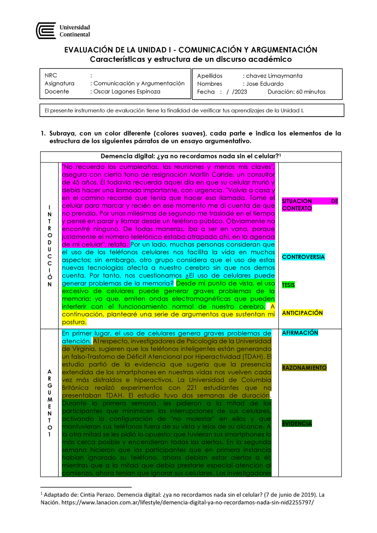 Evaluación Unidad I - Grupo 1 Comu Y Argumentación - EVALUACI”N DE LA ...