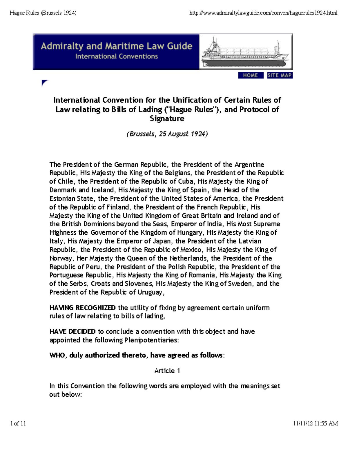 Hague rule 1924 International Convention for the Unification of Certain Rules of Law relating