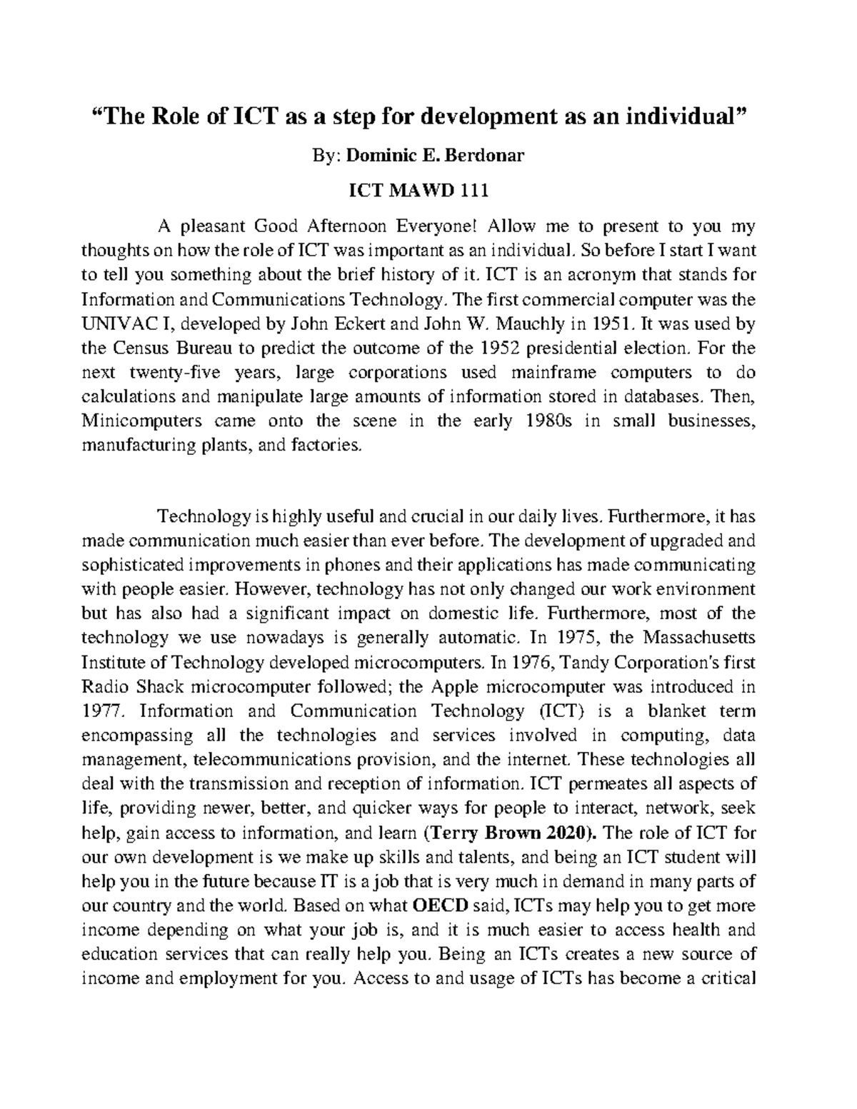 The Role of ICT as a step for development as an individual - Berdonar ...