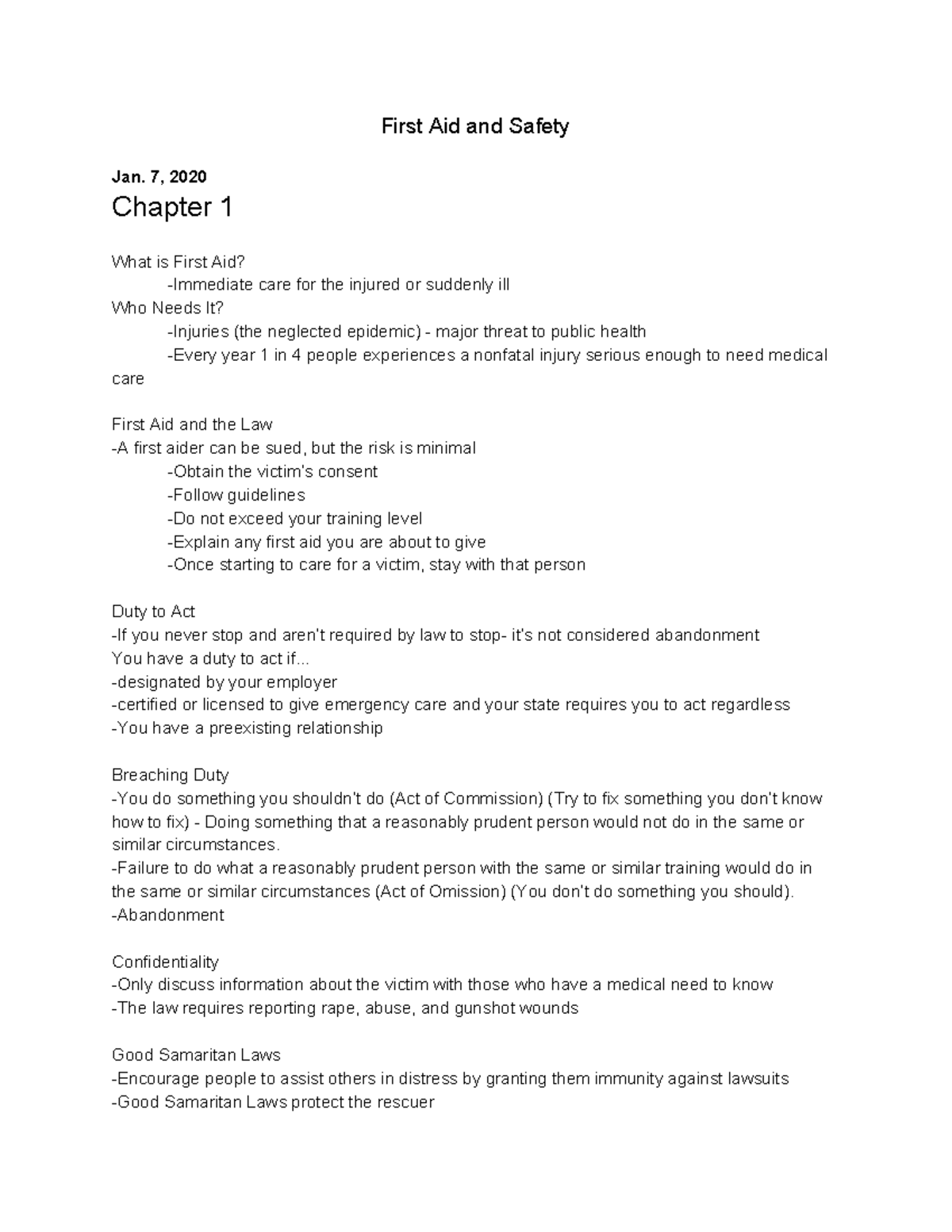 Chapter 1 What is First Aid First Aid and Safety Jan. 7, 2020