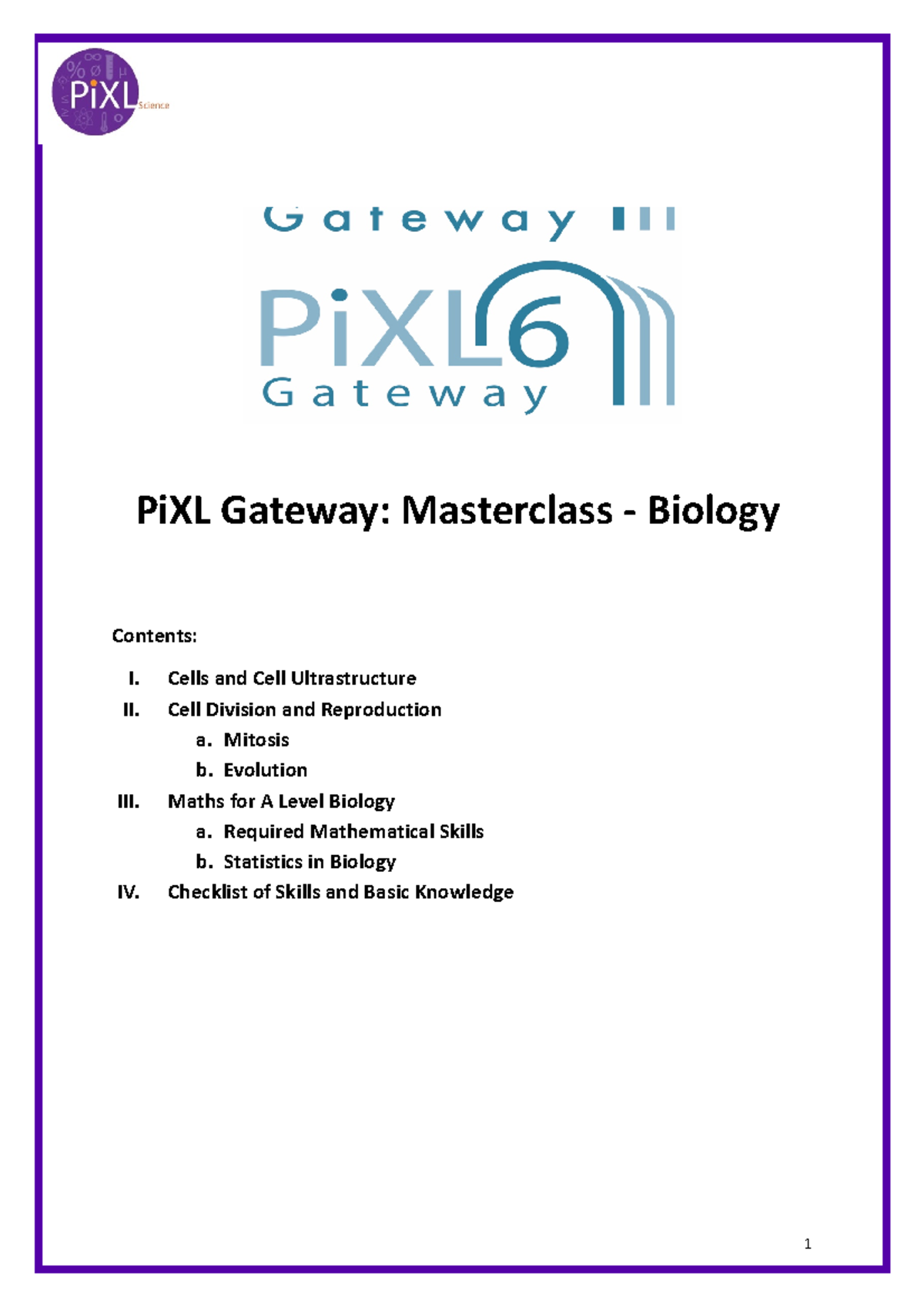 1 Pi XL Gateway Biology Masterclass Biology Booklet WORD PiXL