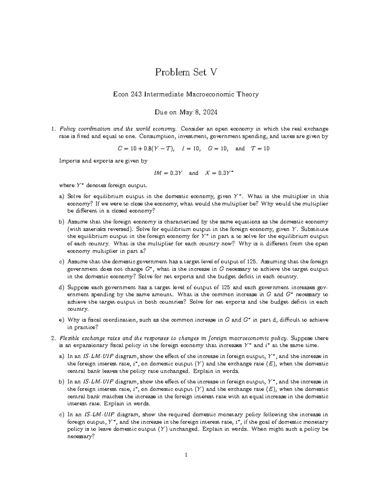 Ps5 - Problem Sets - Problem Set V Econ 243 Intermediate Macroeconomic ...