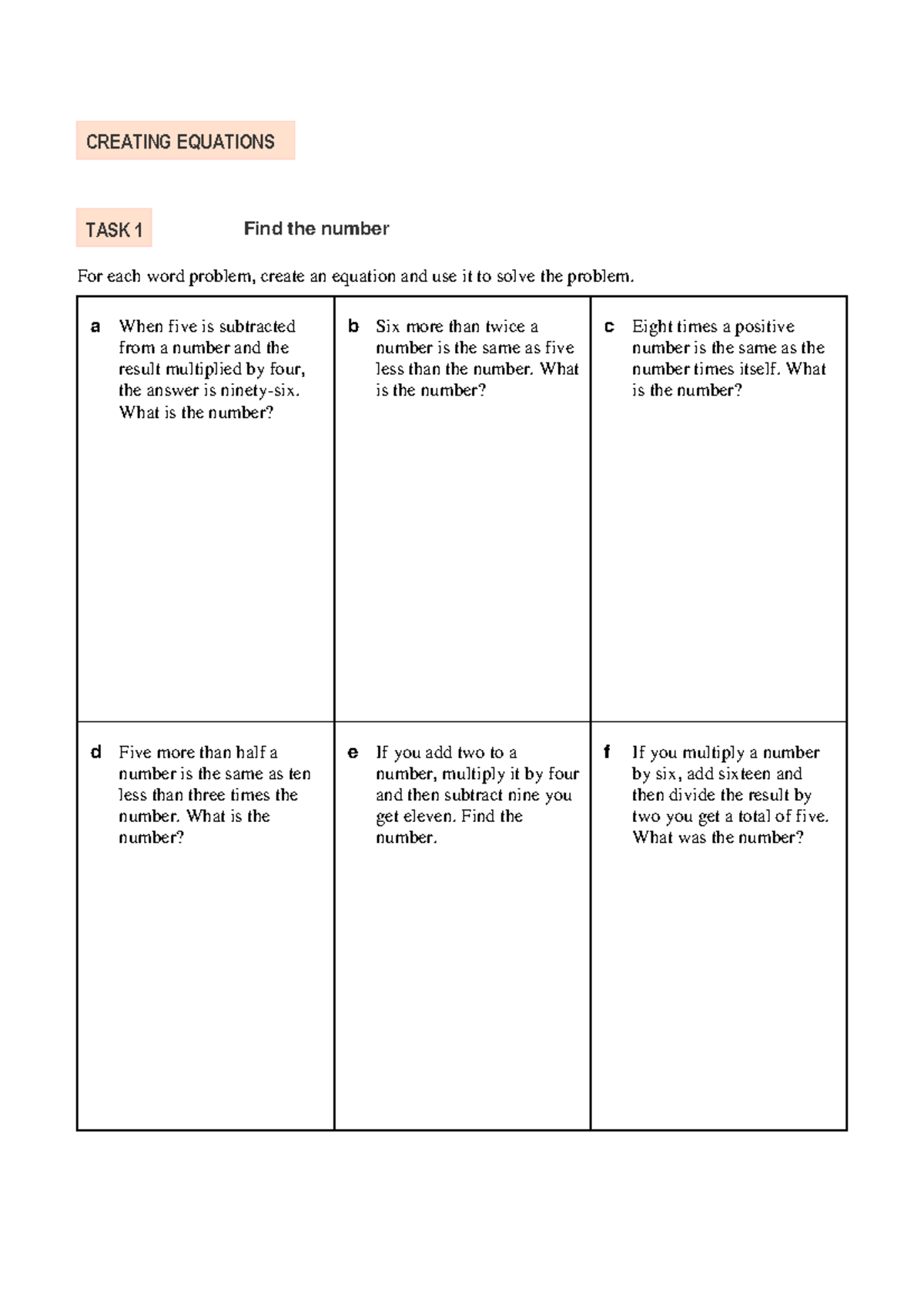 Creating-equations - voil - CREATING EQUATIONS TASK 1 Find the number ...