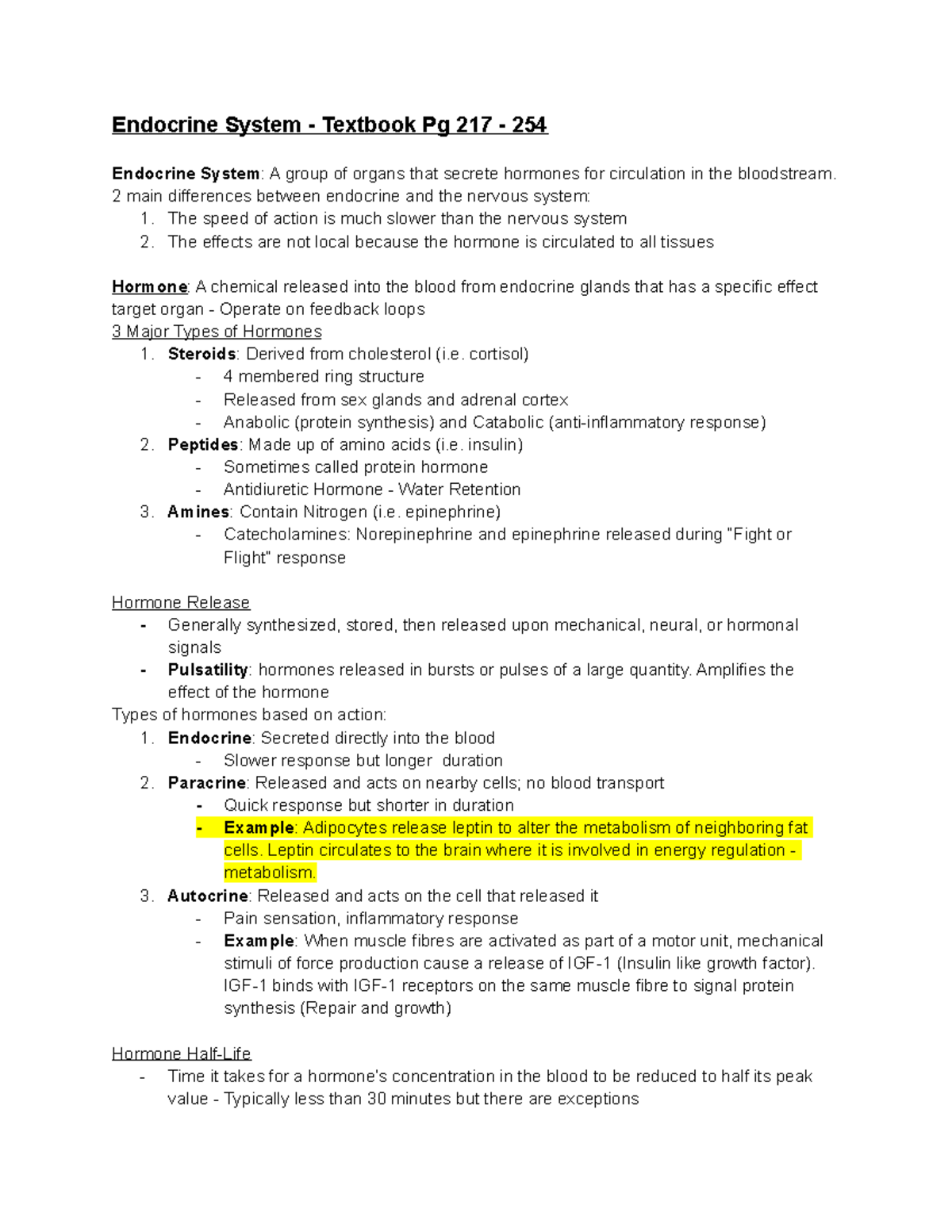KIN163 Endocrine System Endocrine System Textbook Pg 217 254