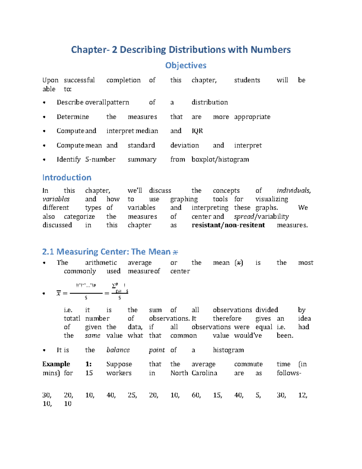 STA 108 Chapter 2 Notes - 𝑥 = $ = $% $! $ Chapter- 2 Describing ...