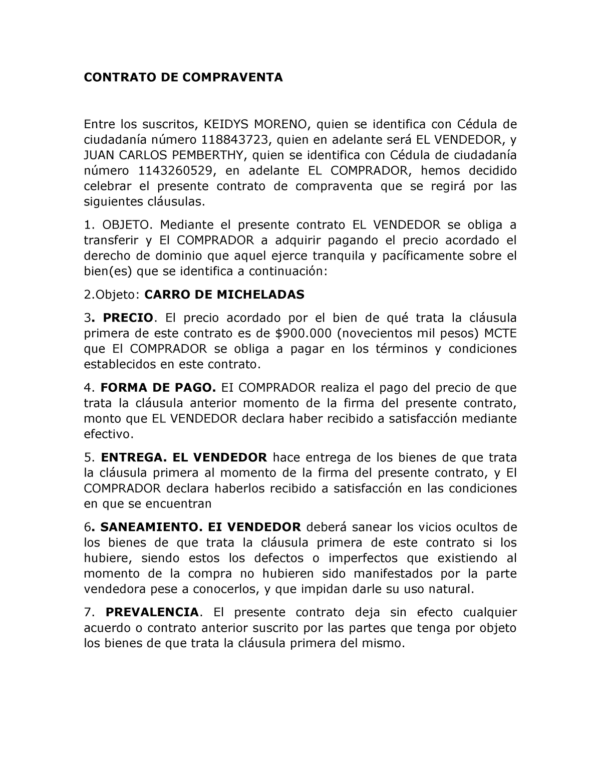 Contrato De Compraventa Contrato De Compraventa Entre Los Suscritos Keidys Moreno Quien Se 3619