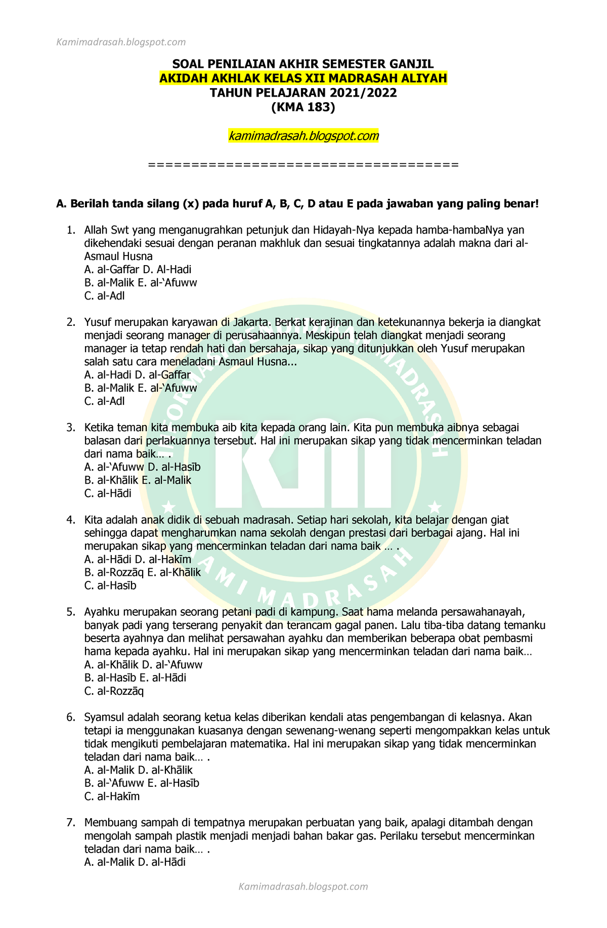 SOAL AA Kelas 12 KMA 183 - Kamimadrasah - SOAL PENILAIAN AKHIR SEMESTER ...