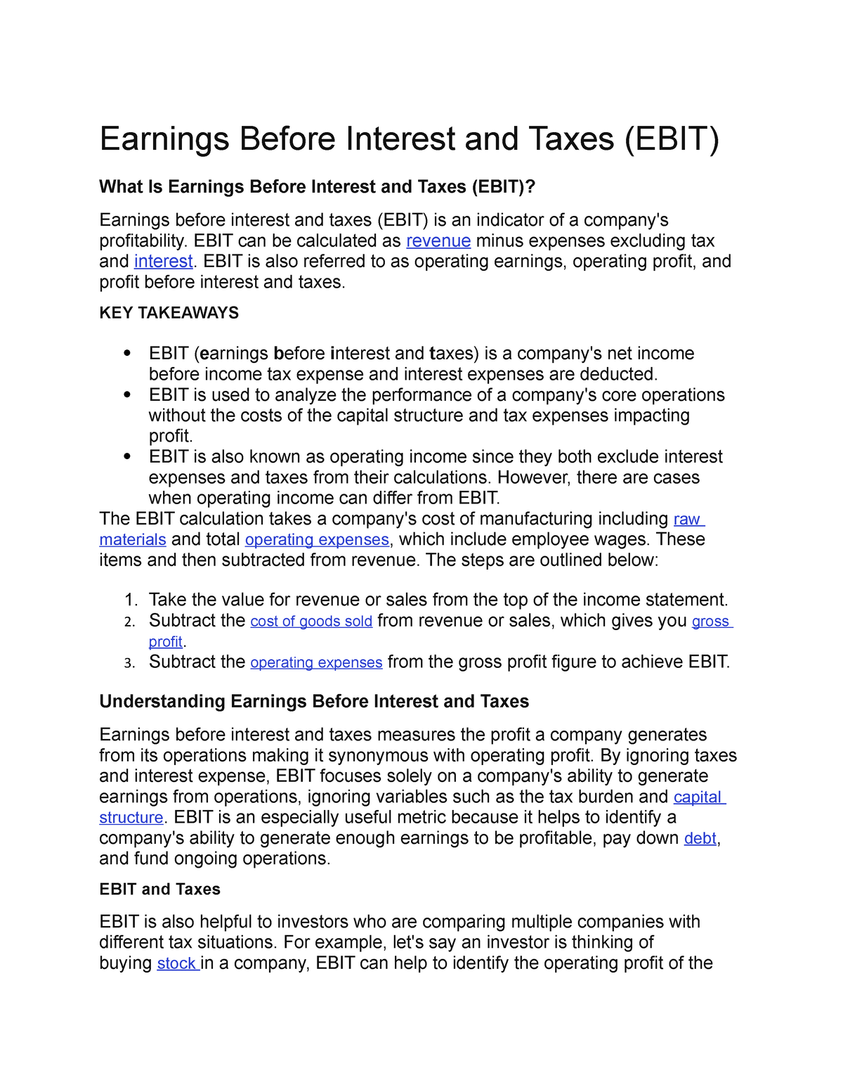 Earnings Before Interest And Taxes Ebit Can Be Calculated As Revenue Minus Expenses Excluding 9785