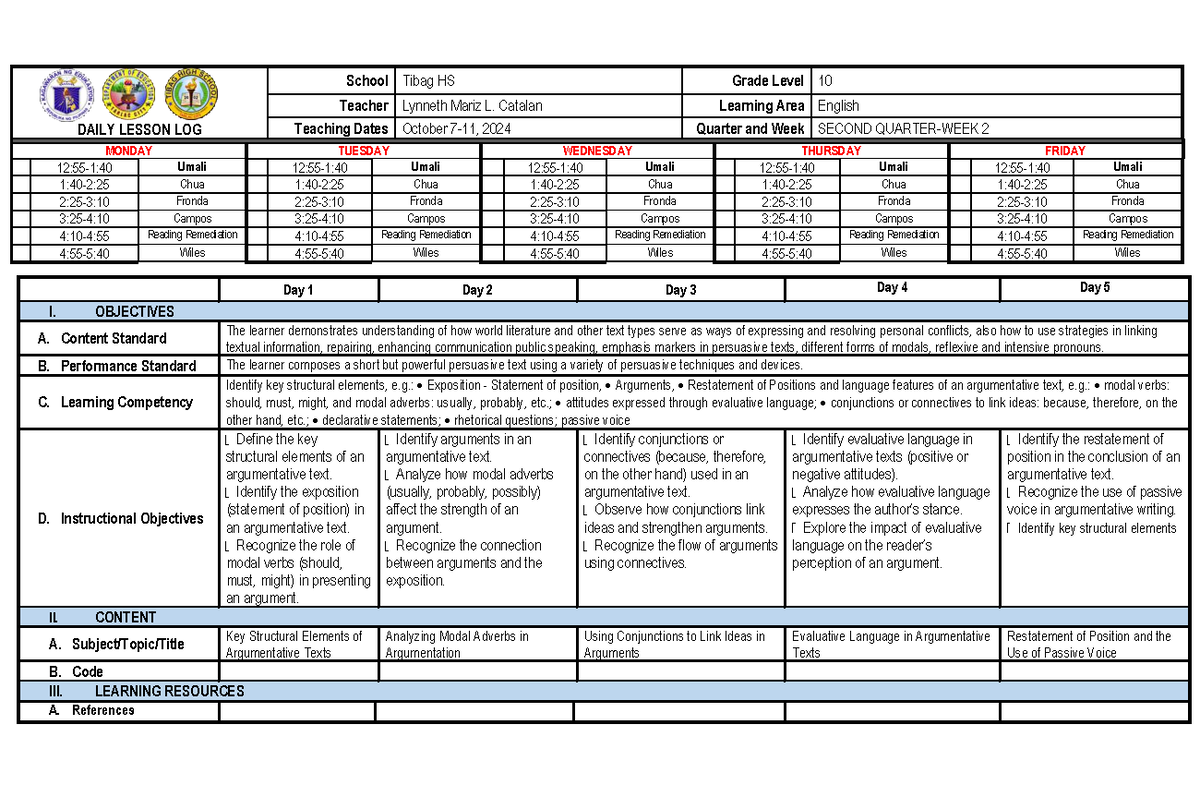 DLL-Q2-W2 - DLL - DAILY LESSON LOG School Tibag HS Grade Level 10 ...