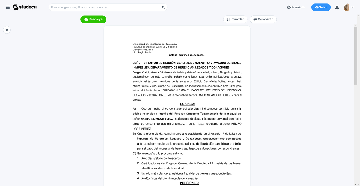 Memorial liquidación fiscal proceso sucesorio - Universidad de San