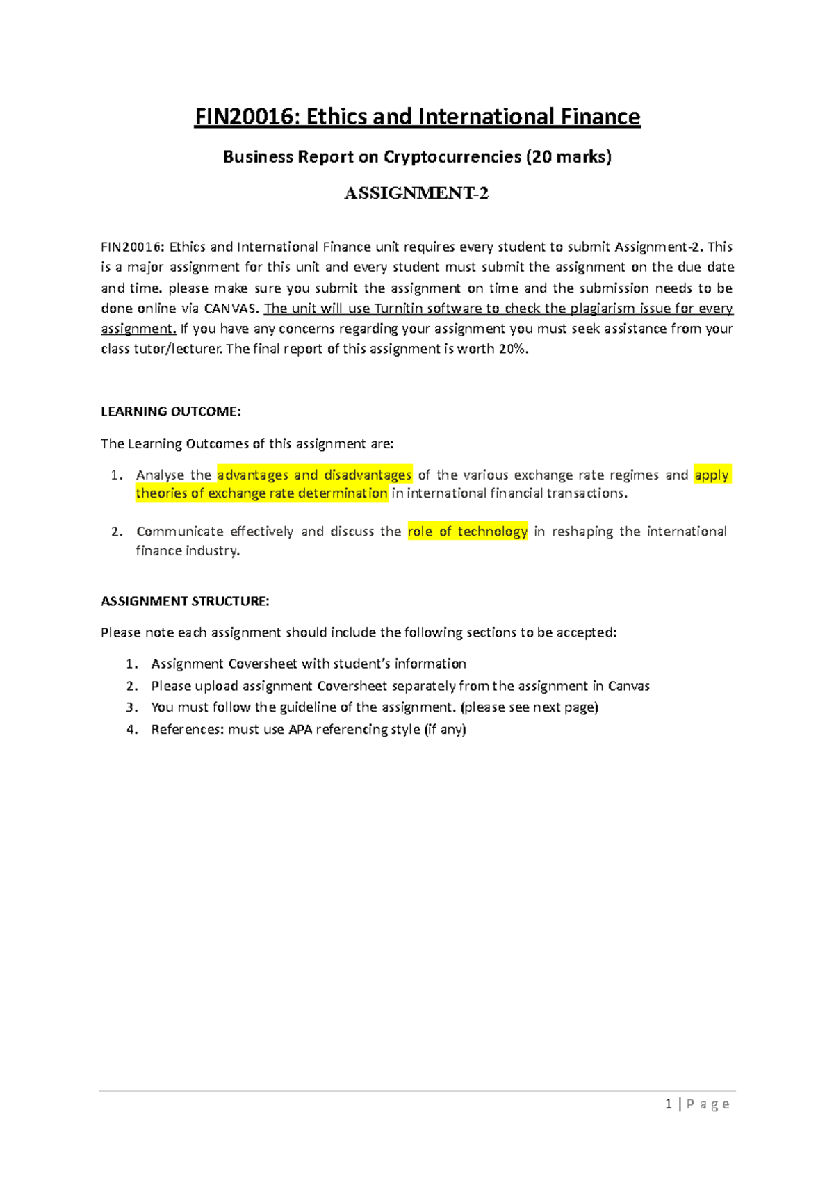 FIN2001 6 Cryptocurrency Assignment 2023 - FIN20016: Ethics and ...