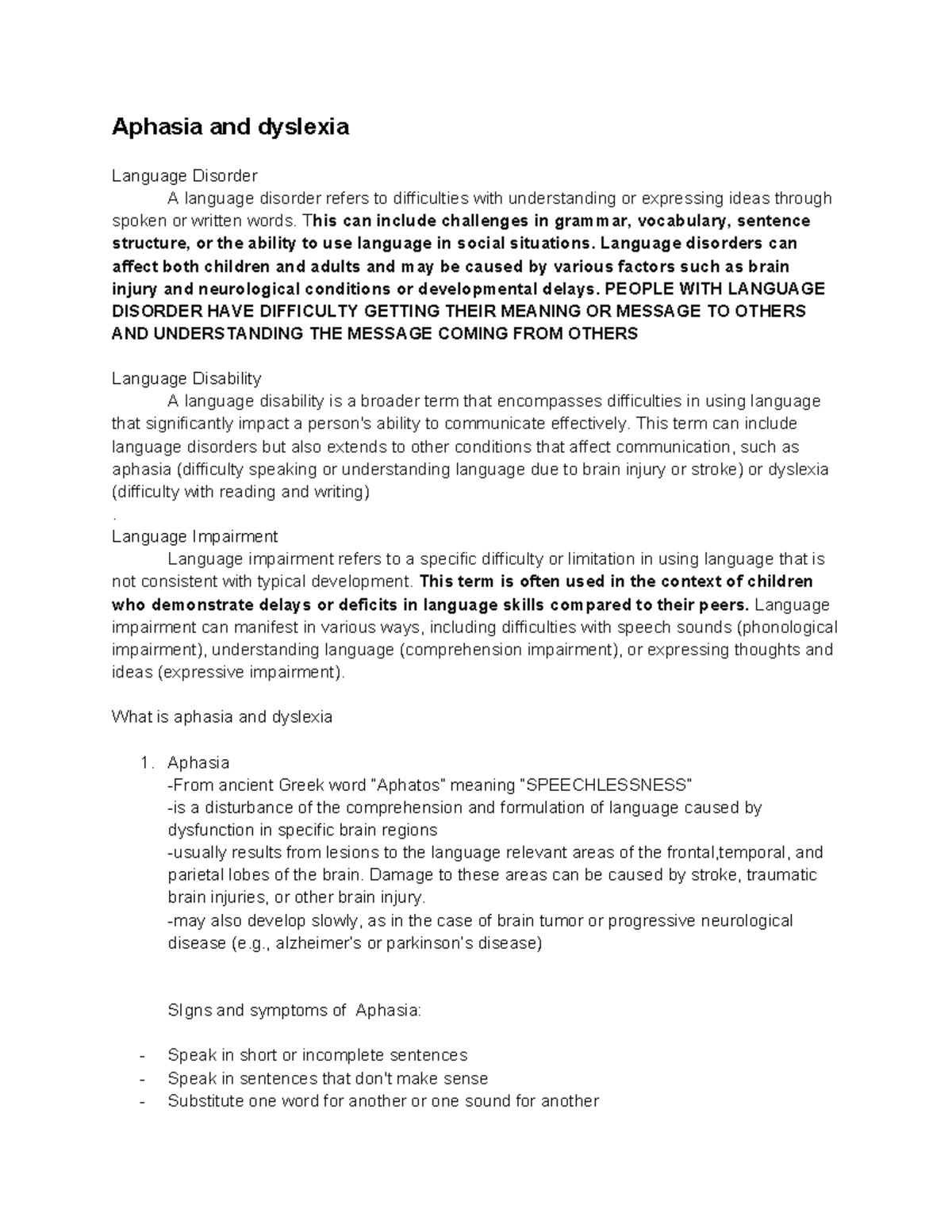 Aphasia and dyslexia - Aphasia and dyslexia Language Disorder A ...