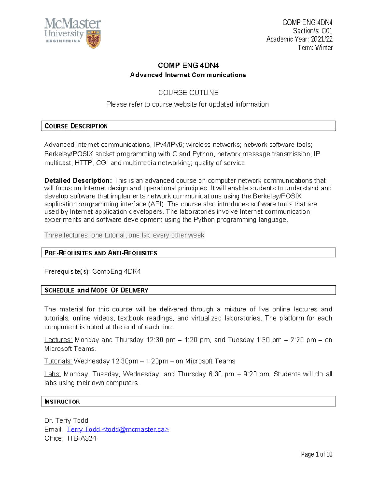 COMP ENG 4DN4 Advanced Internet Communications Course Outline - Studocu