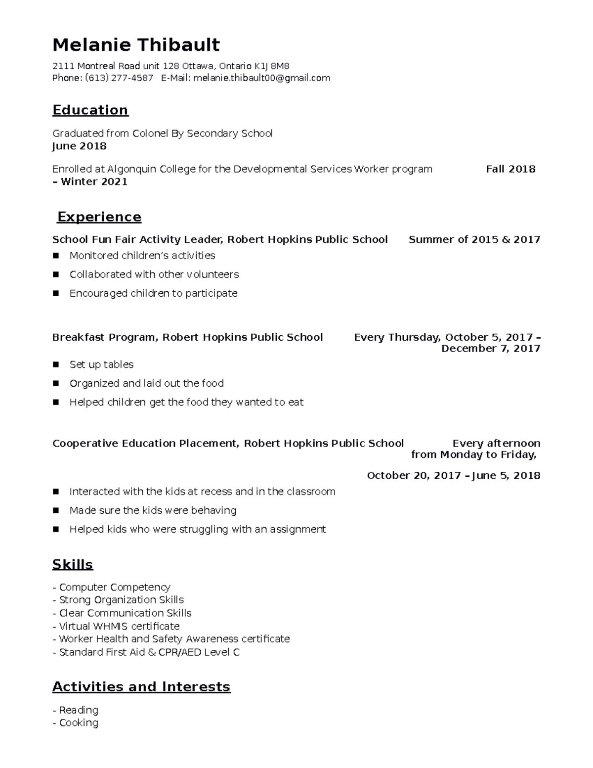 Resume - Melanie Thibault 2111 Montreal Road unit 128 Ottawa, Ontario ...