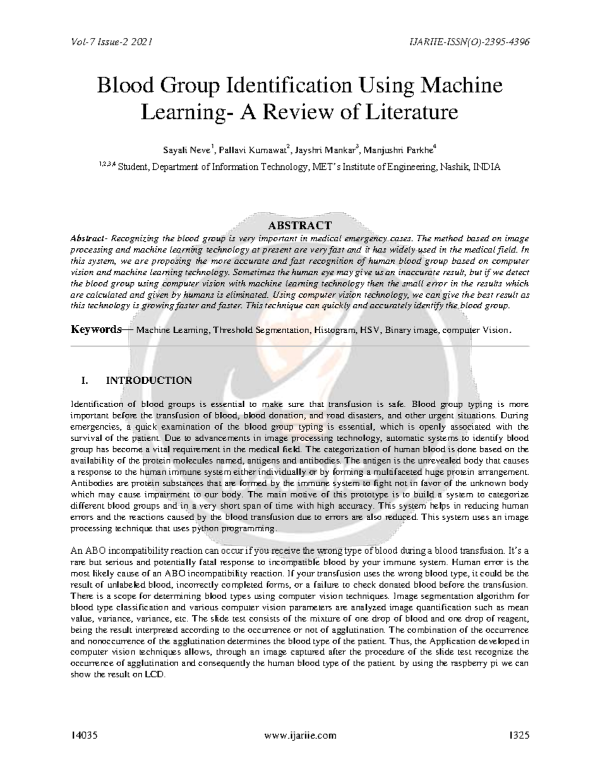 Blood Group Identification Using Machine Learning ijariie 14035 - Vol-7 ...