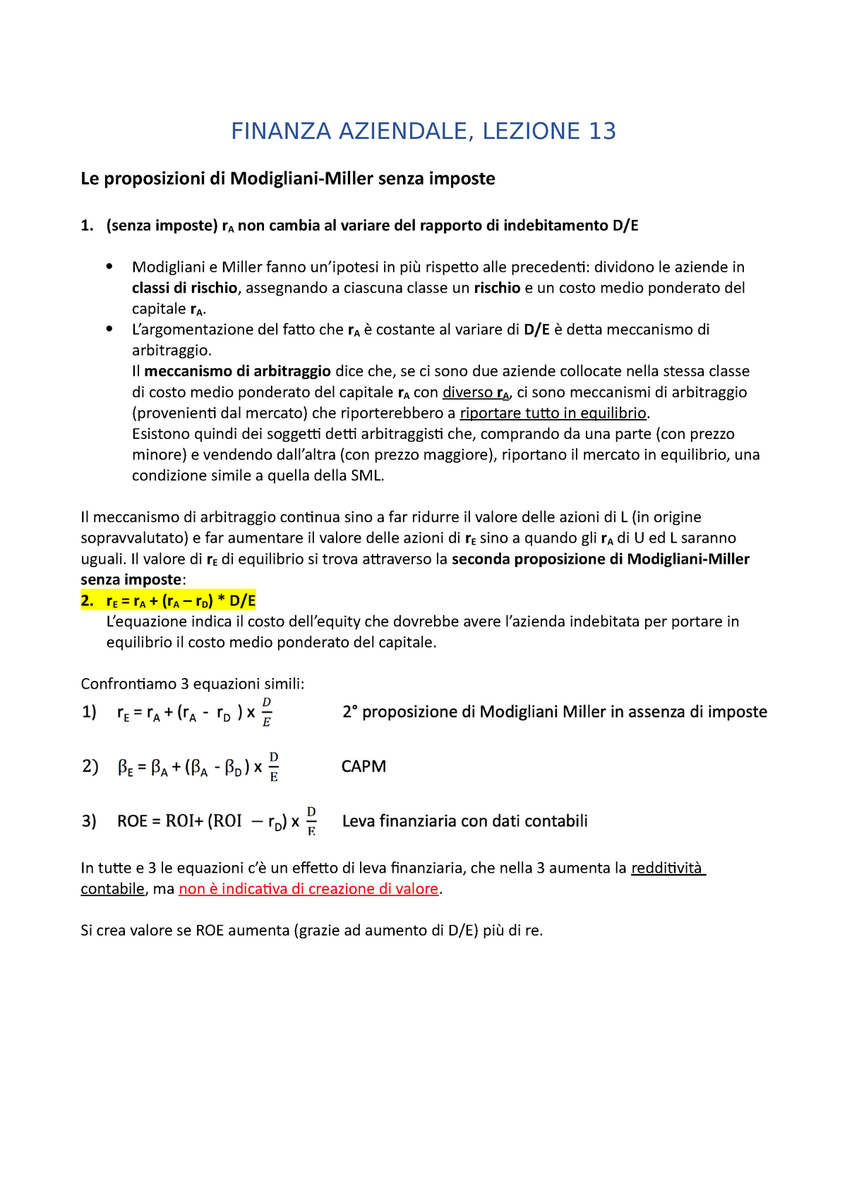 Finanza Aziendale, Lezione 13 - FINANZA AZIENDALE, LEZIONE 13 Le  proposizioni di Modigliani-Miller - Studocu