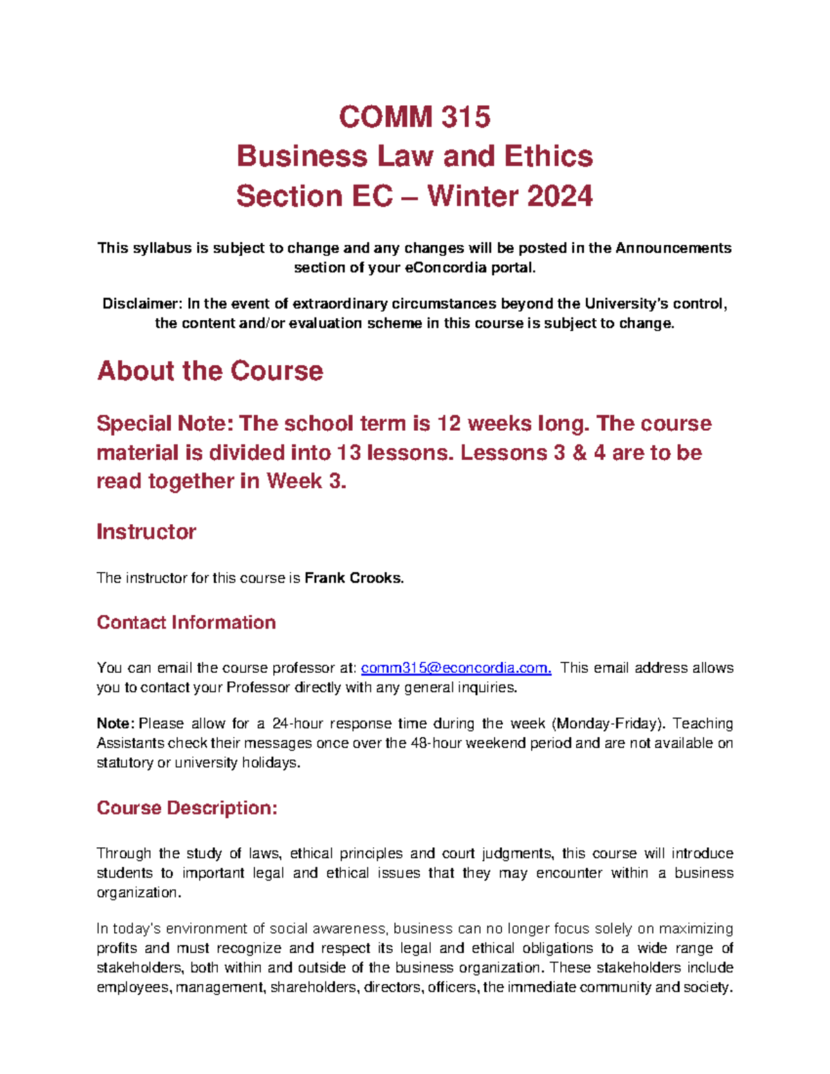 Course outline - COMM 315 Business Law and Ethics Section EC – Winter ...