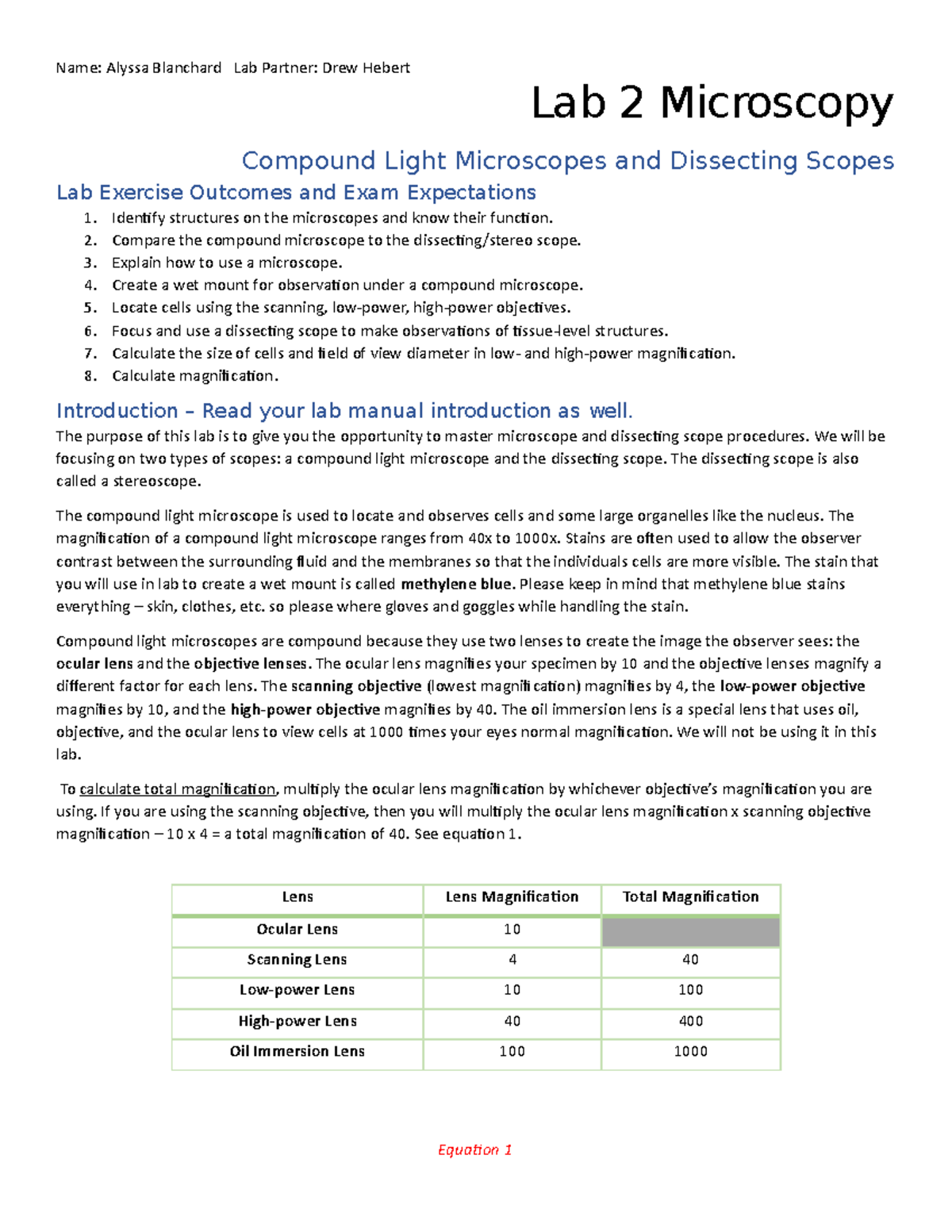Microscopy Lab Assignment (2) Lab 2 Microscopy Compound Light