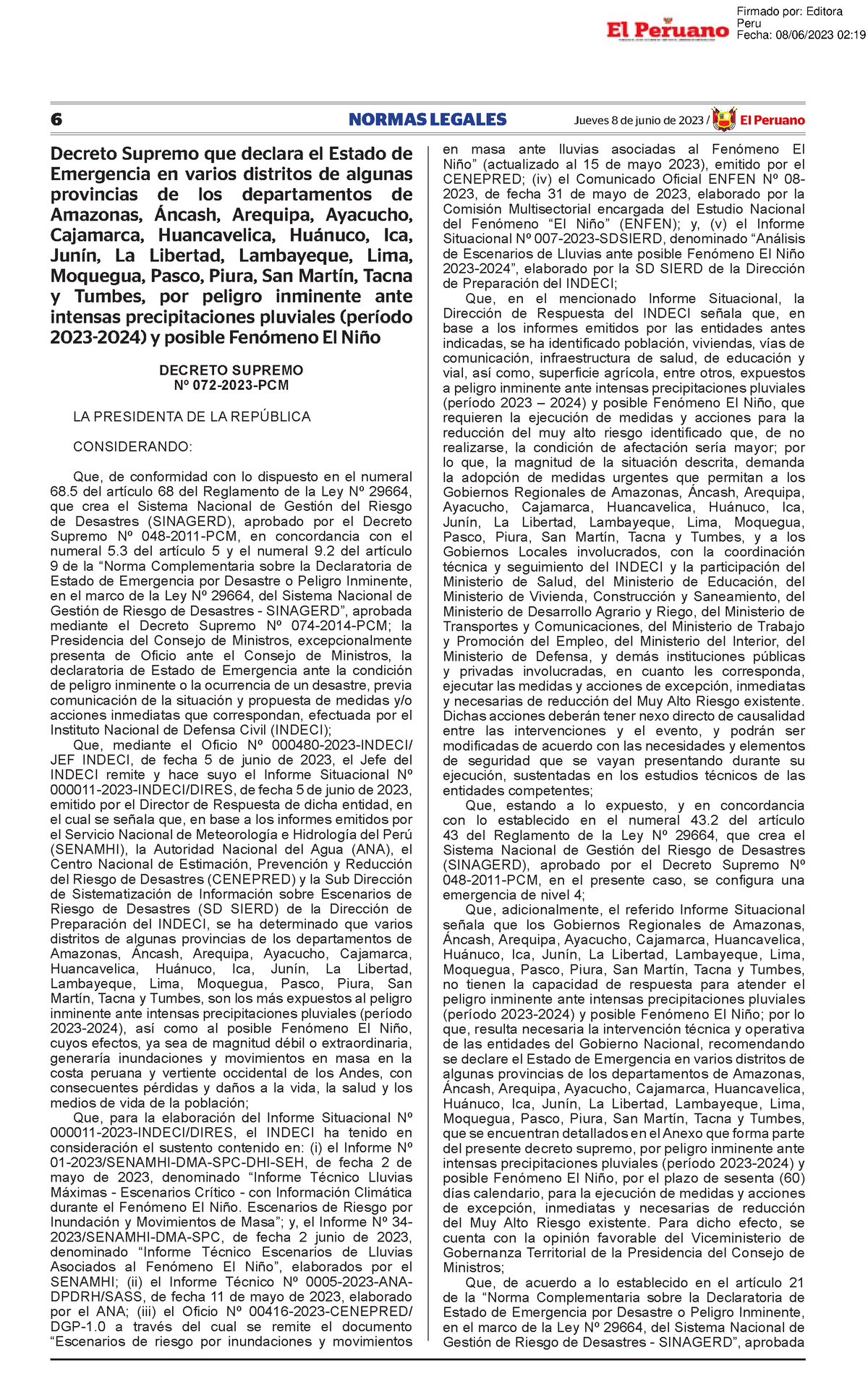 Decreto Supremo Que Declara El Estado De Emergencia En Vario Decreto Supremo N 072 2023 Pcm 