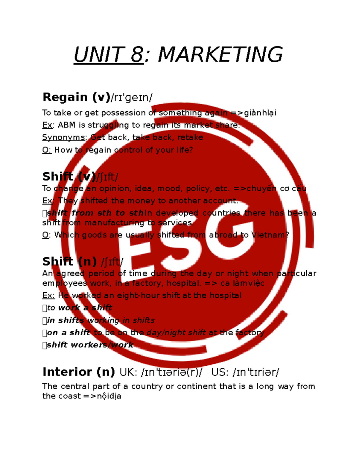 FULL TỪ VỰNG CHI TIẾT - ... - UNIT 8: MARKETING Regain (v)/rɪˈɡeɪn/ To ...