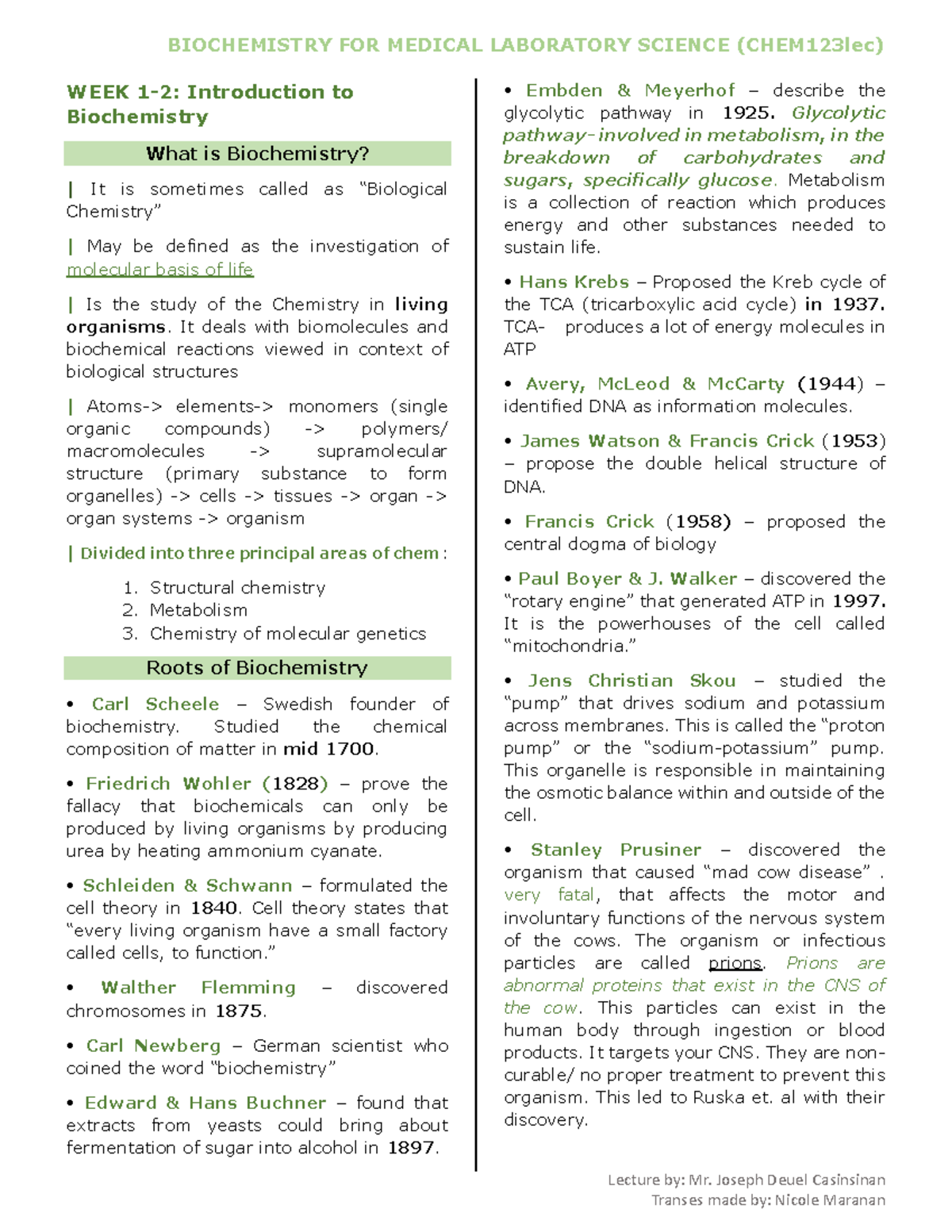 WEEK 1-2-Introduction to Biochemistry - Lecture by: Mr. Joseph Deuel ...