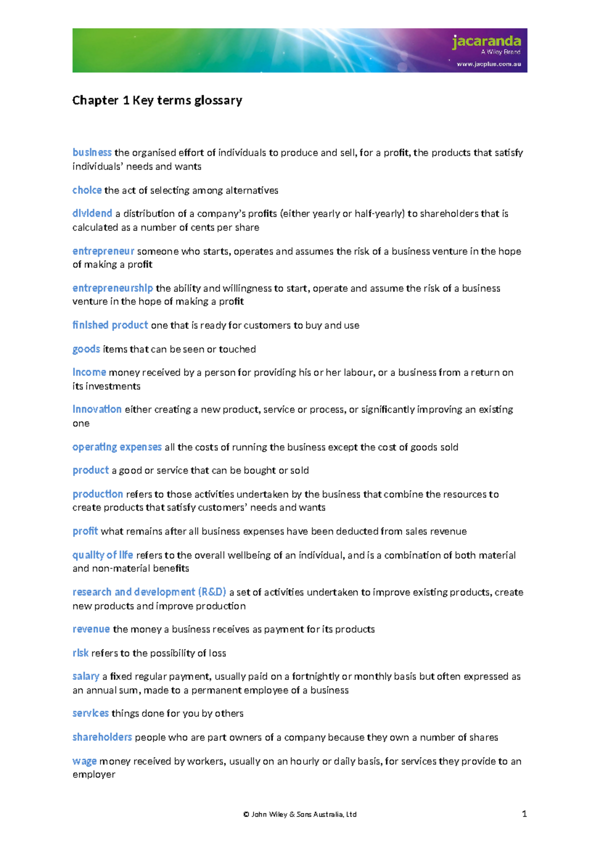 Business - Glossary - Chapter 1 Key terms glossary business the ...