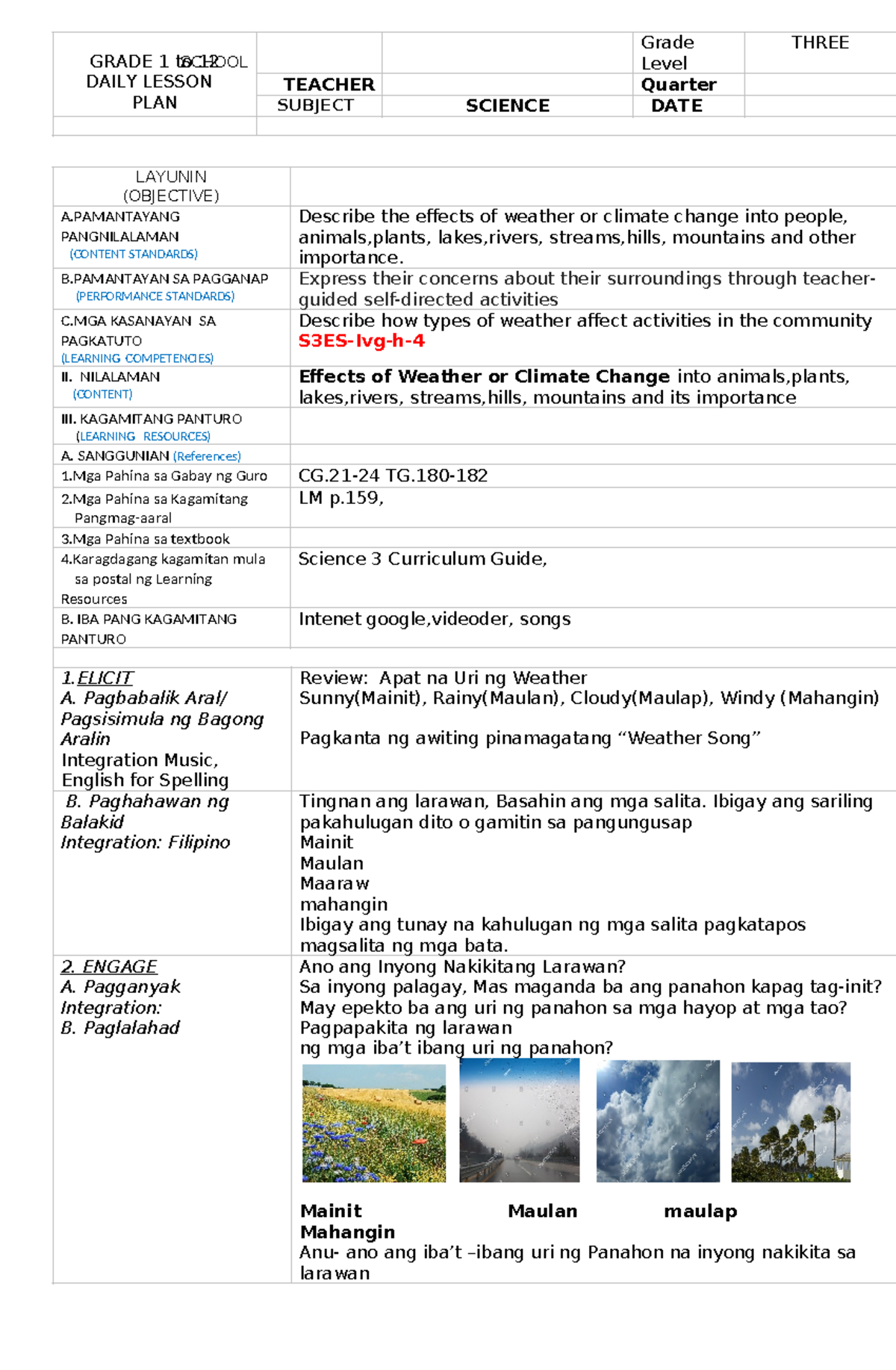 Science 3 Climate Change - GRADE 1 to 12 DAILY LESSON PLAN SCHOOL Grade ...