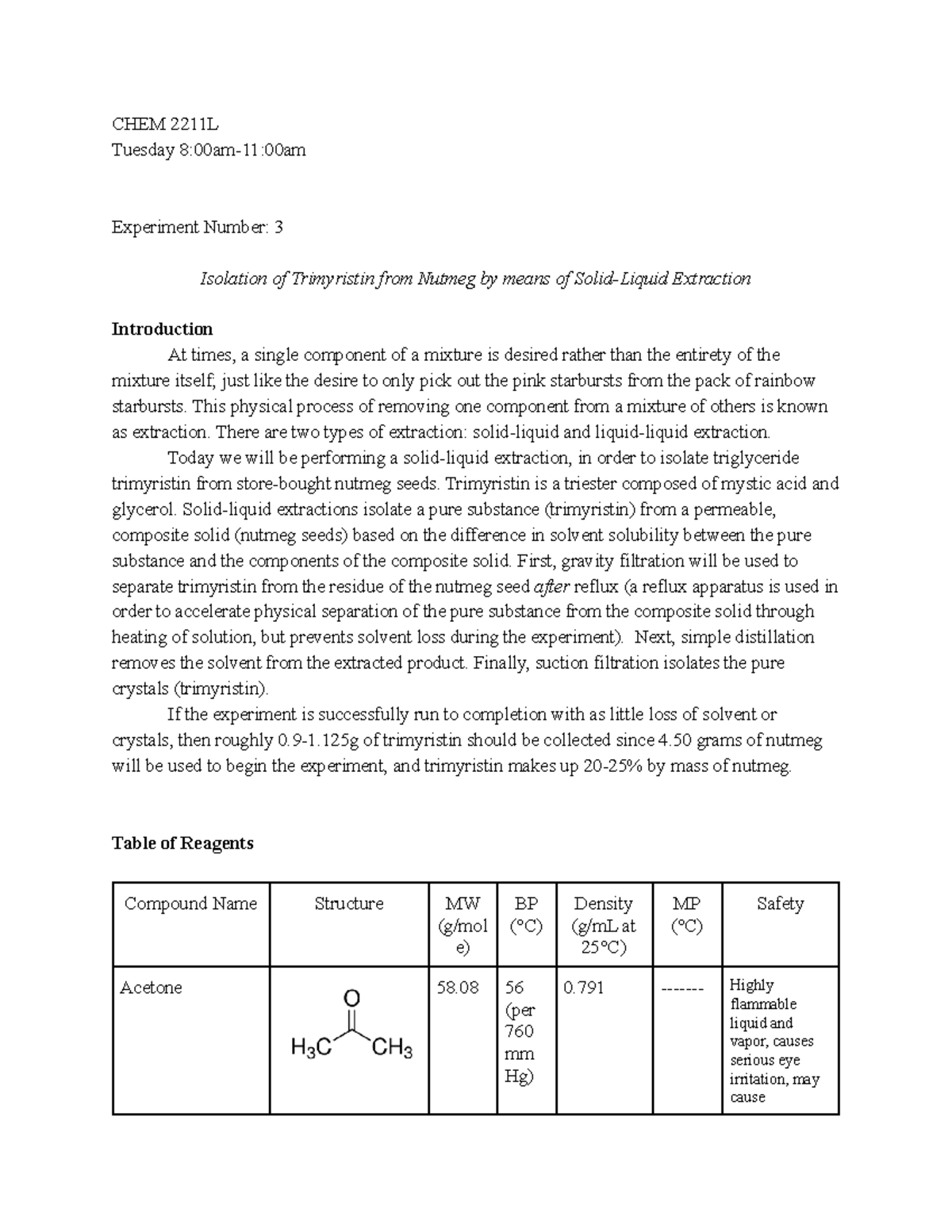 Experiment 3 pre lab Isolation of Trimyristin from Nutmeg by means of