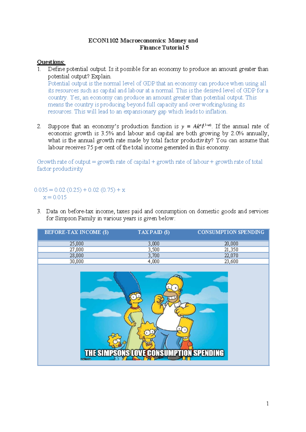 Tutorial 5 Questions - tute - ECON1102 Macroeconomics: Money and ...