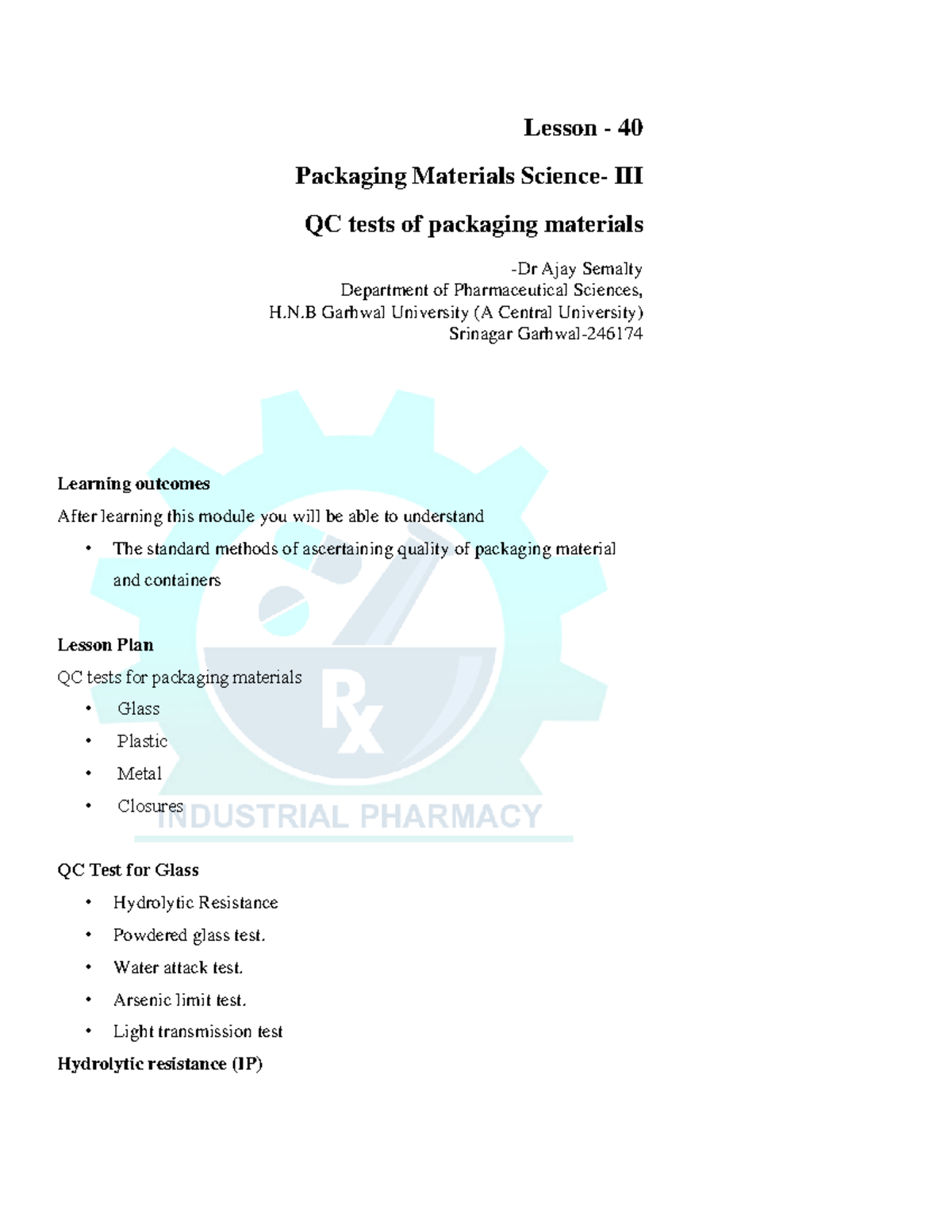 Packaging Materials Science Quality control tests of packaging