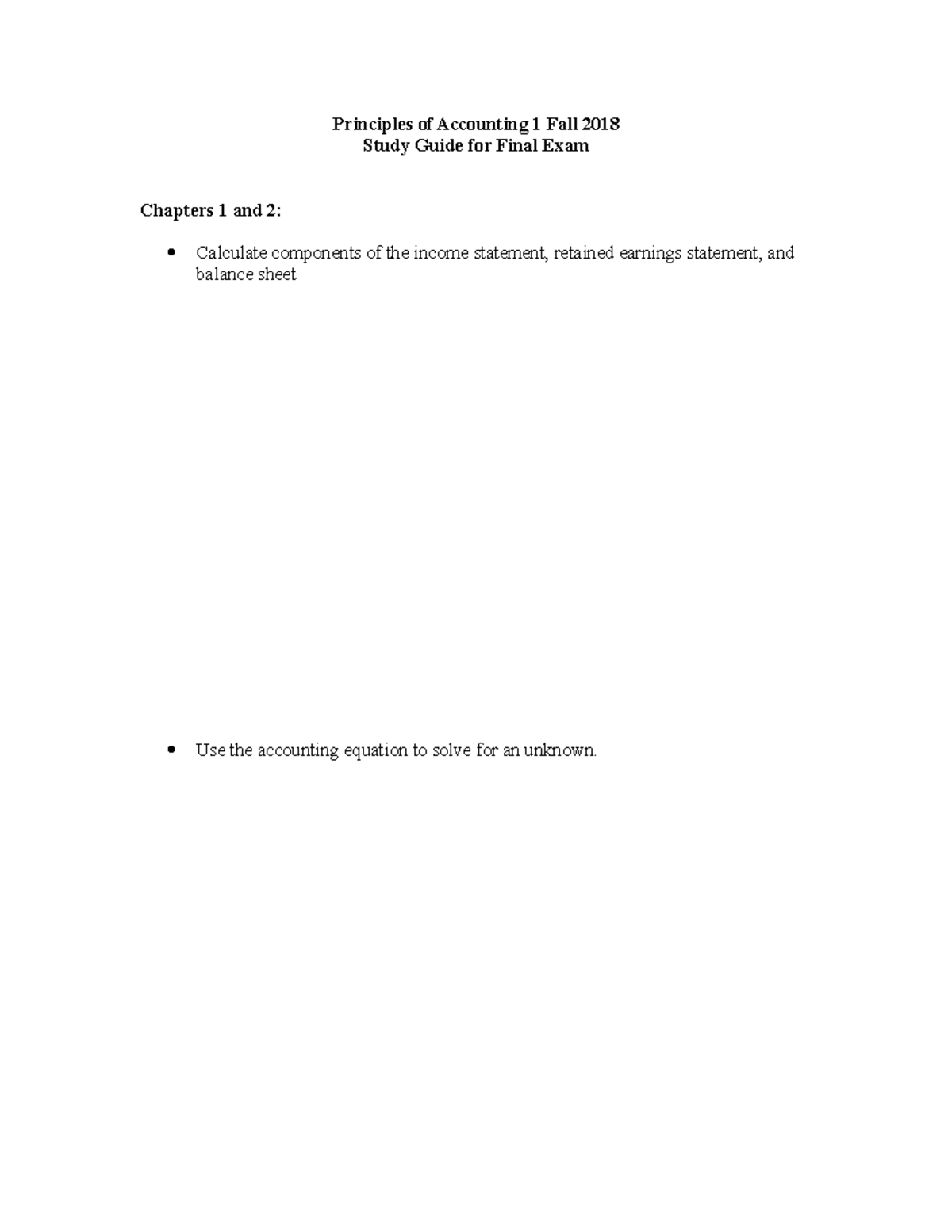 Study Guide Final Exam Fall 2018 - Principles of Accounting 1 Fall 2018 ...