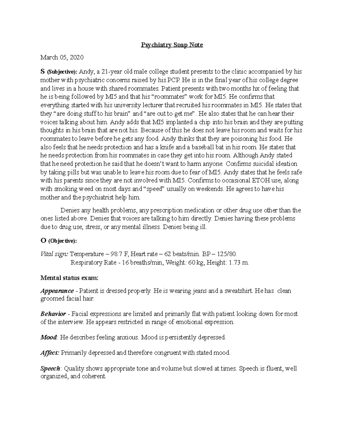 Psych Soap Note - Psychiatry Soap Note March 05, 2020 S (Subjective ...