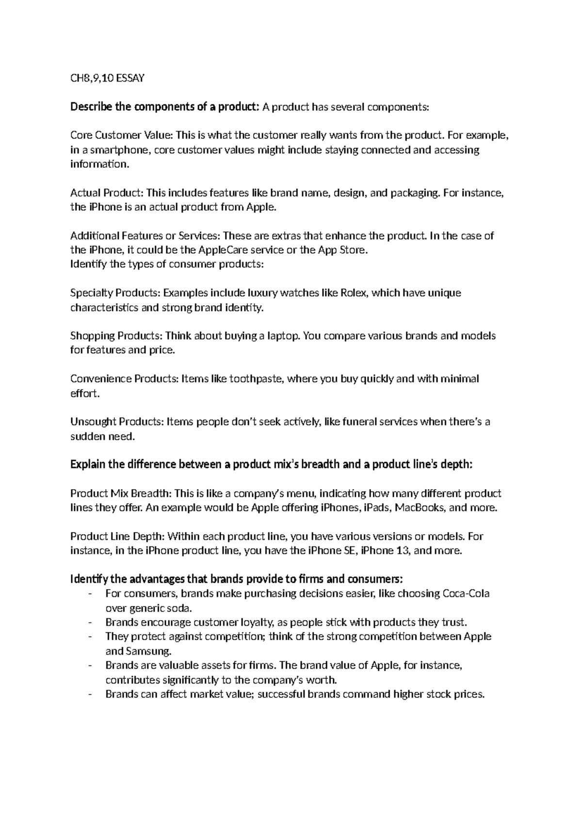 CH8 - ch8 essay - CH8,9,10 ESSAY Describe the components of a product ...