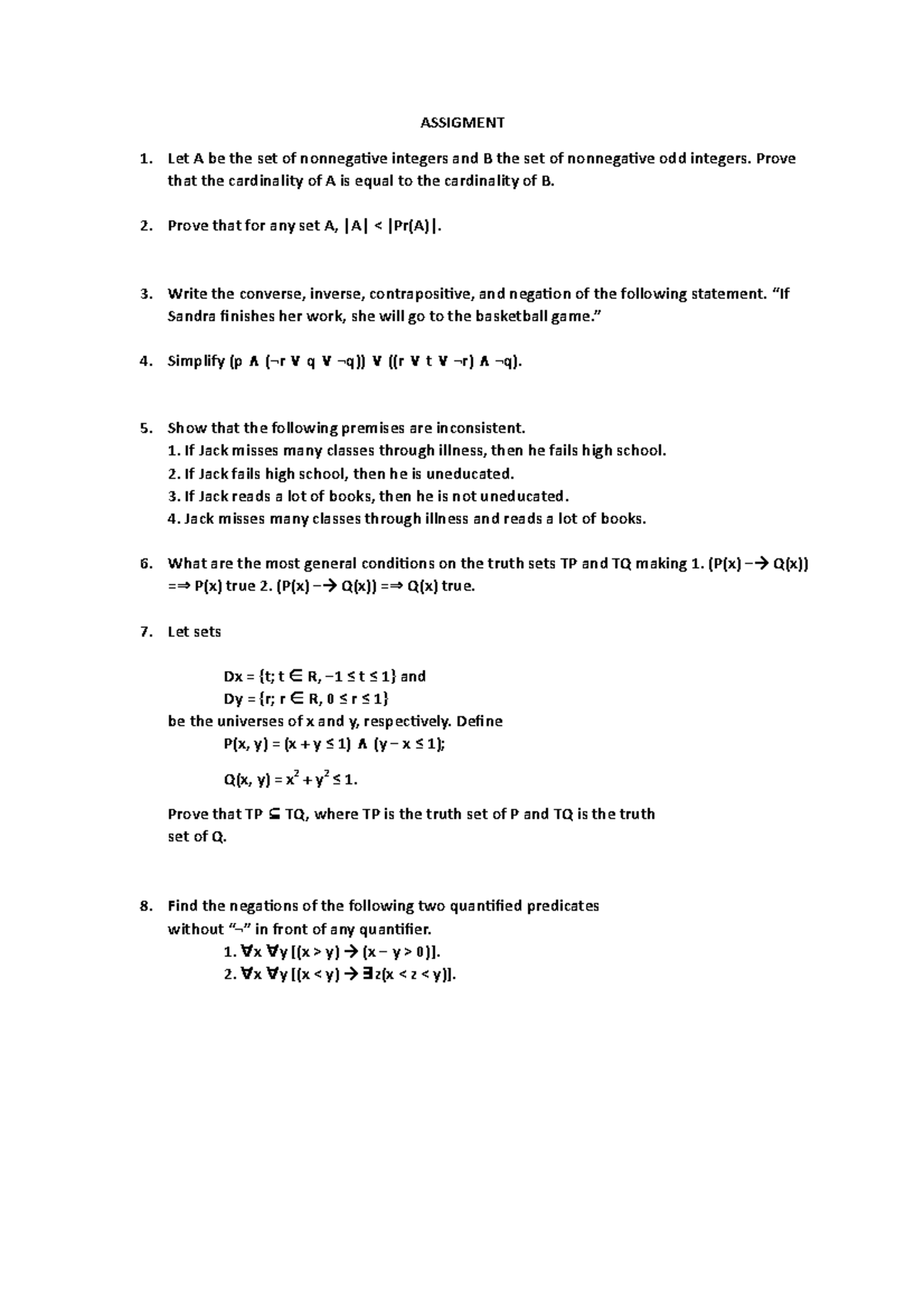 Discrete MATH Assigment 4 - ASSIGMENT Let A be the set of nonnegative ...