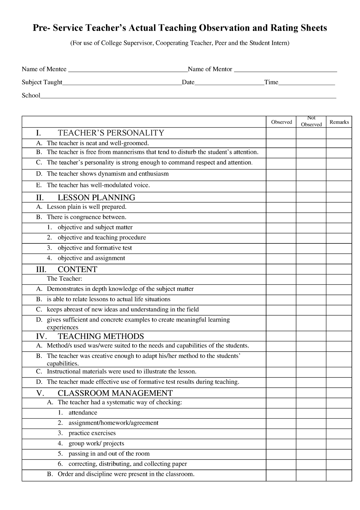 Pre Service Teachers Rating Sheets - Pre- Service Teacher’s Actual ...