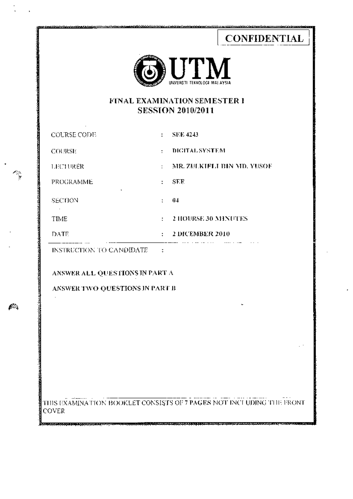 Final Examination Semester I Session 1011_Digital System - ~ - StuDocu