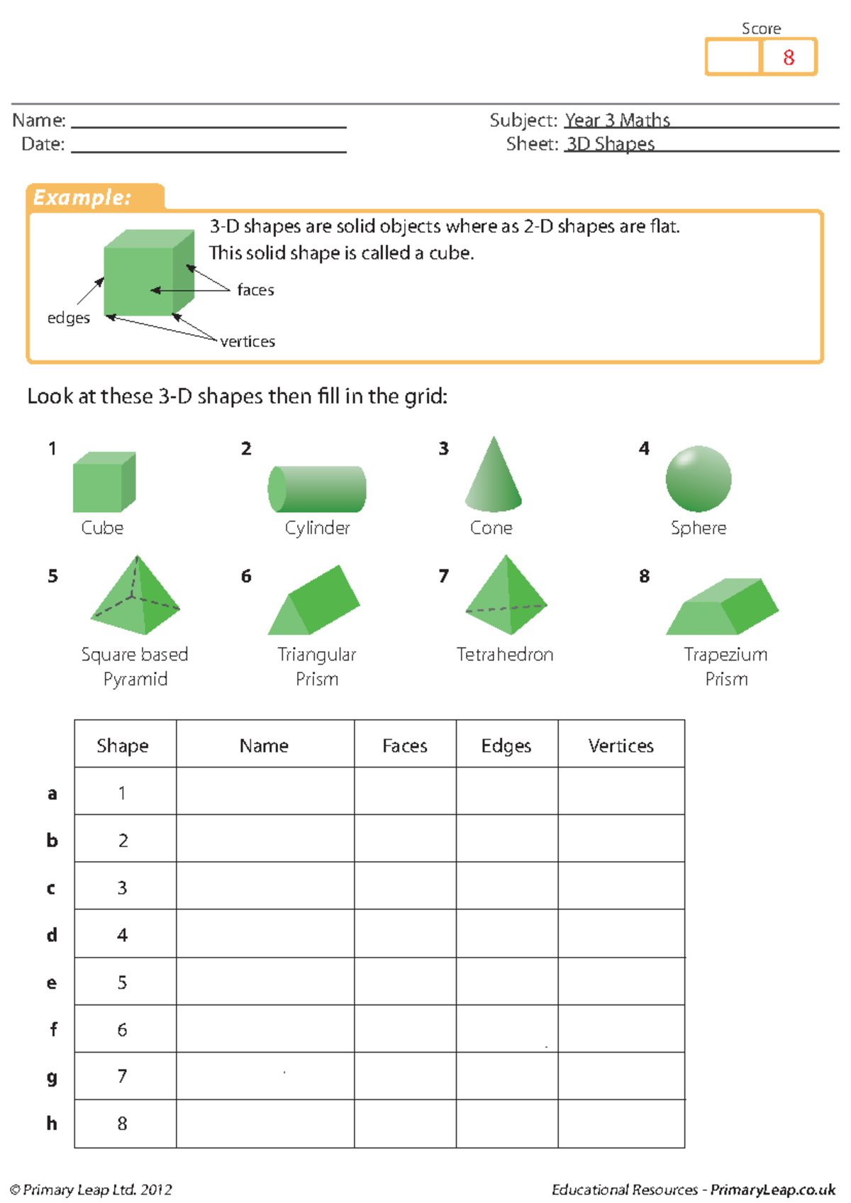 3D shapes - maths - Look at these 3-D shapes then fill in the grid: 1 2 ...
