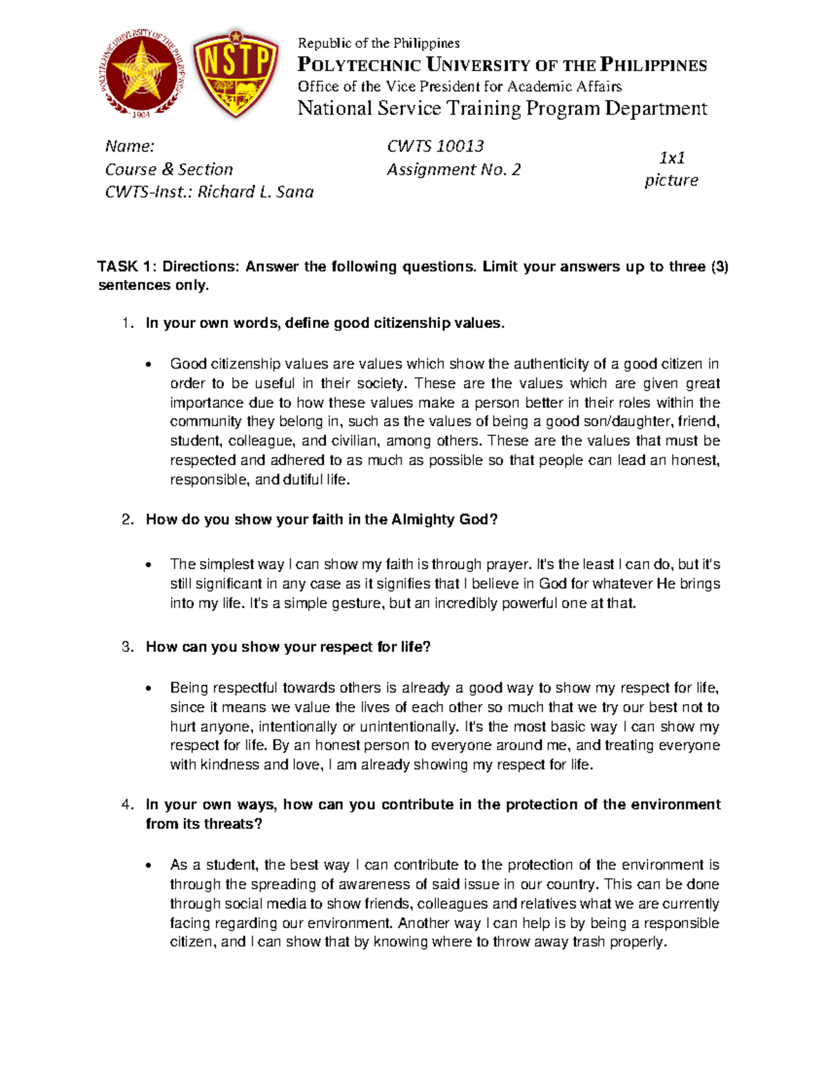 CWTS - Assignment NO. 2 - Republic of the Philippines POLYTECHNIC ...