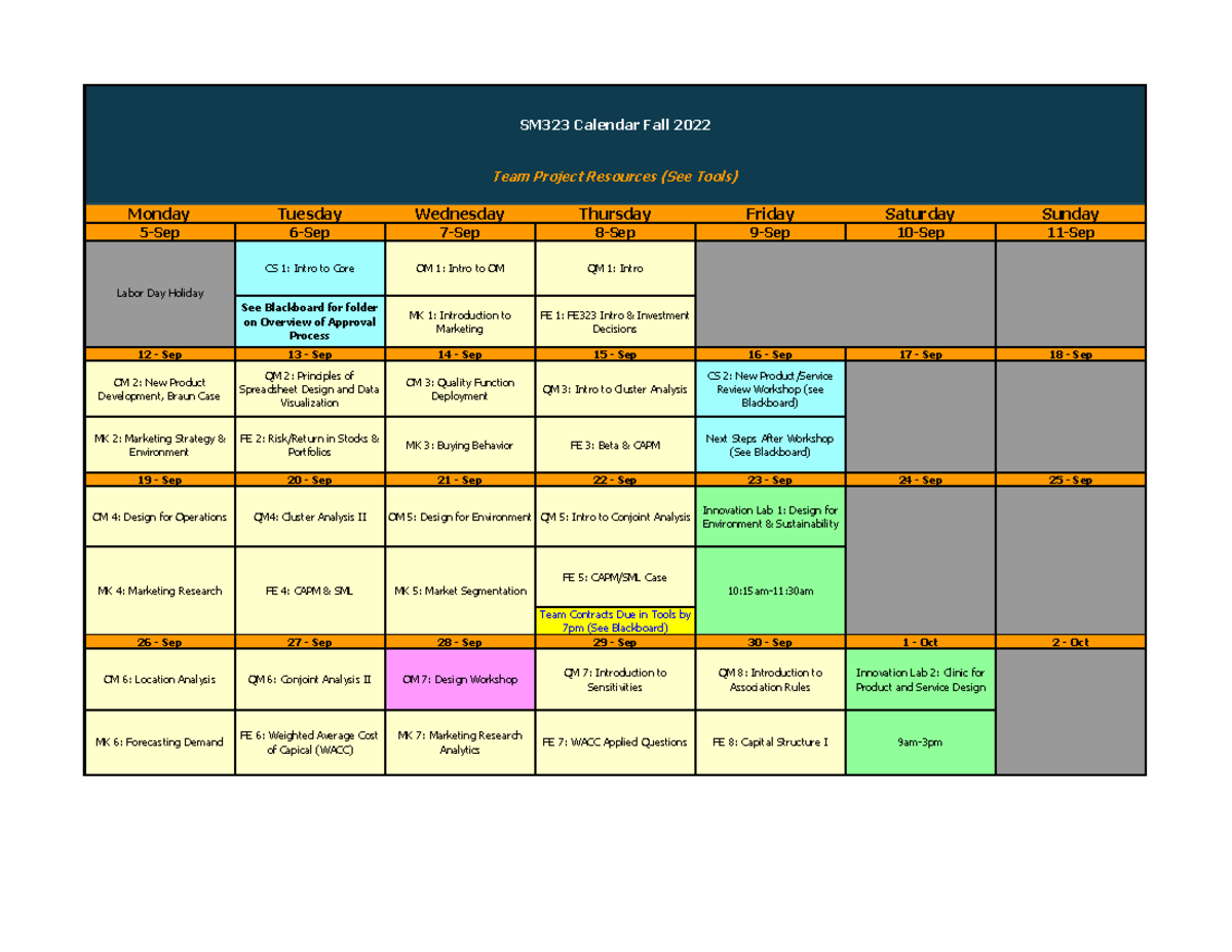 FALL 2022 - Core Calendar - Monday Tuesday Wednesday Thursday Friday