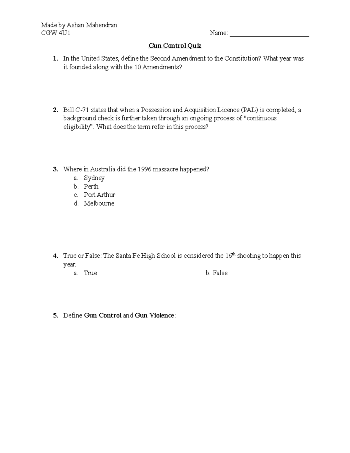 Gun Control Quiz Notes for World Issues Made by Ashan Mahendran CGW