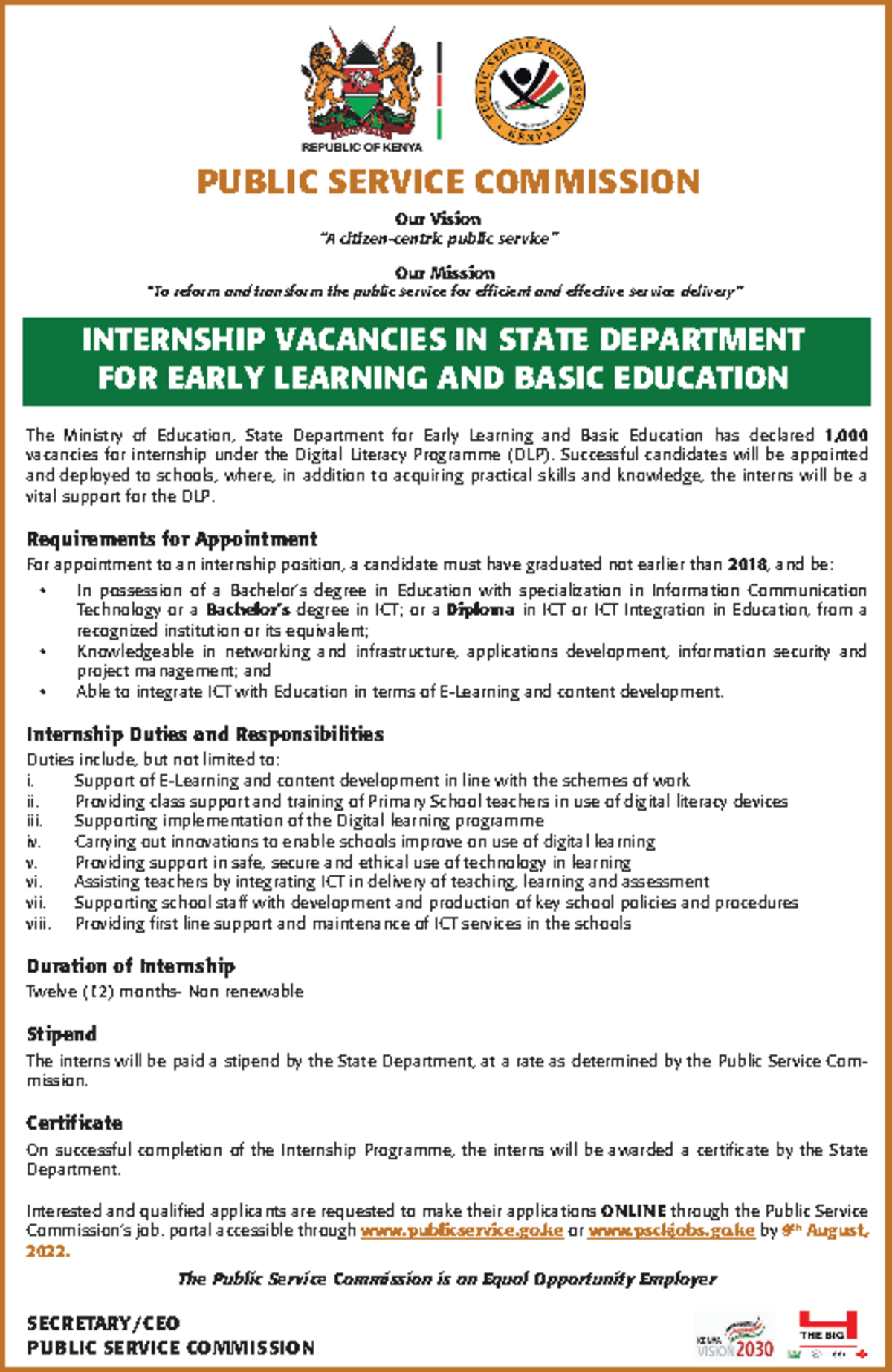 PSC Internship Vacancies Early Learning AND Basic Education PUBLIC