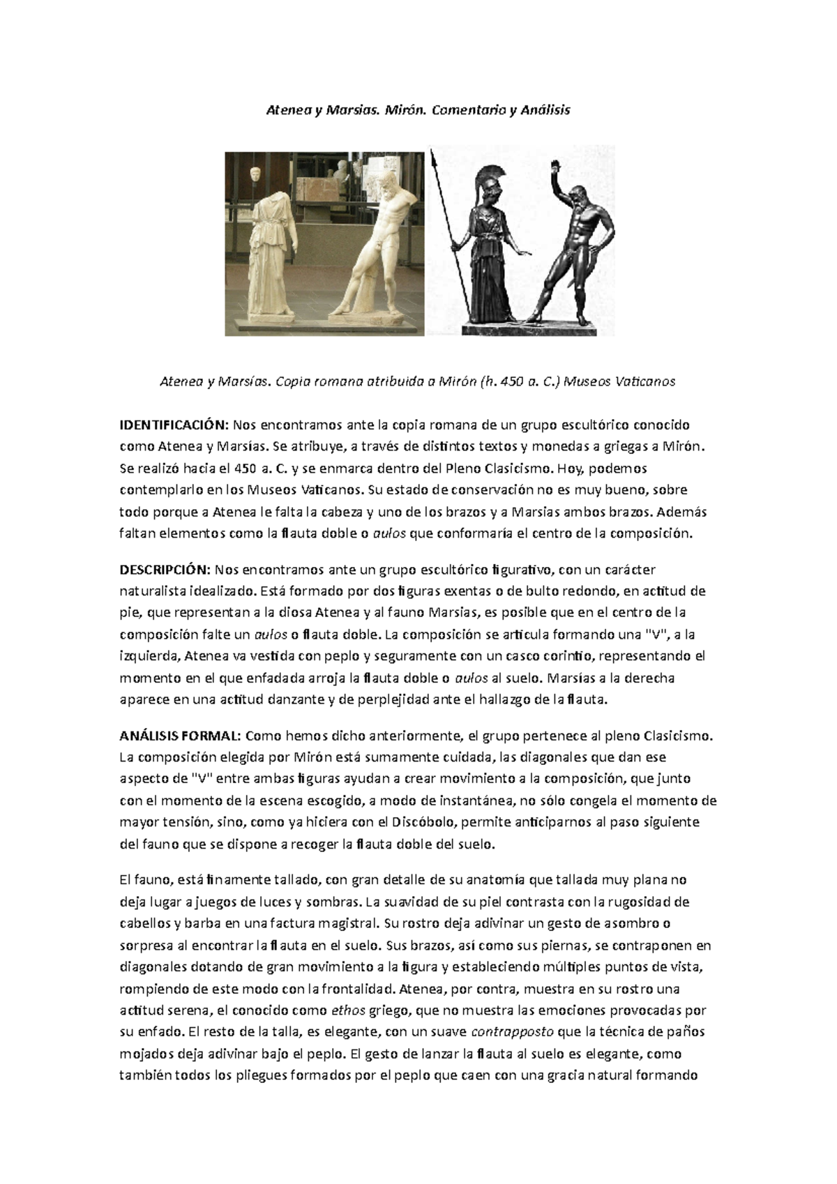 Atenea Y Marsias Arte Griego Analisis De Obra Atenea Y Marsias Miron Comentario Y Analisis Studocu