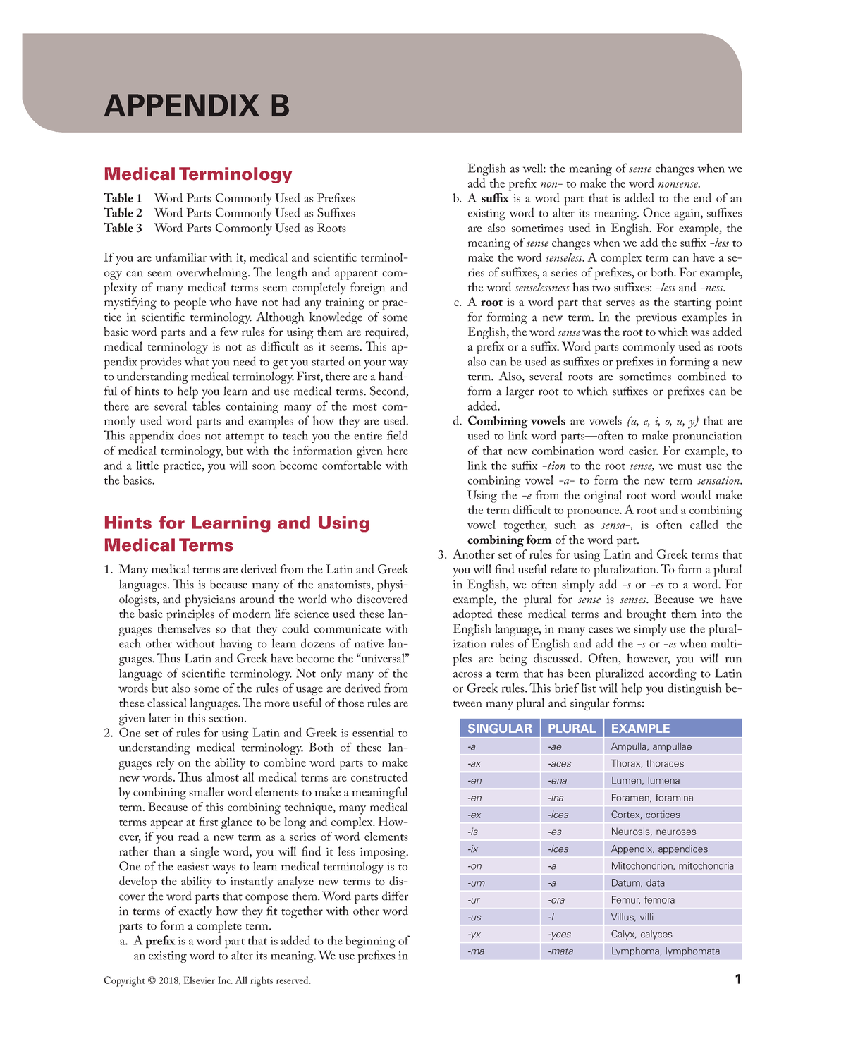 Appendix B Medical Terminology - Medical Terminology Table 1 Word Parts ...